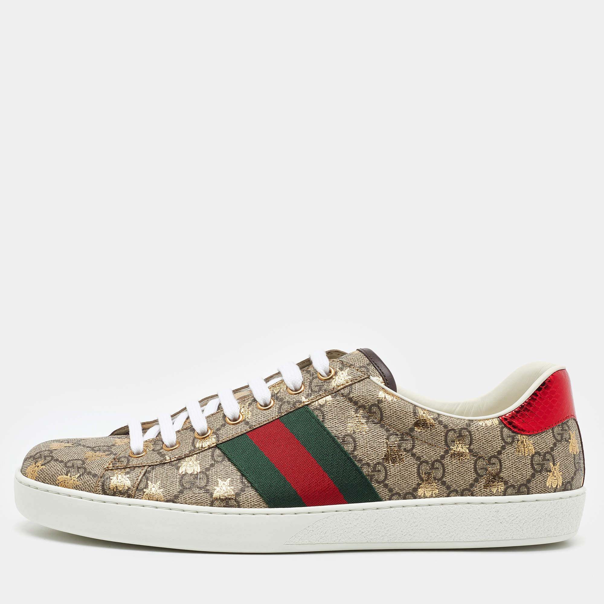 Pre Owned Gucci Beige/Brown GG Supreme Canvas Ace Bee Lace Up Sneakers Size 45
