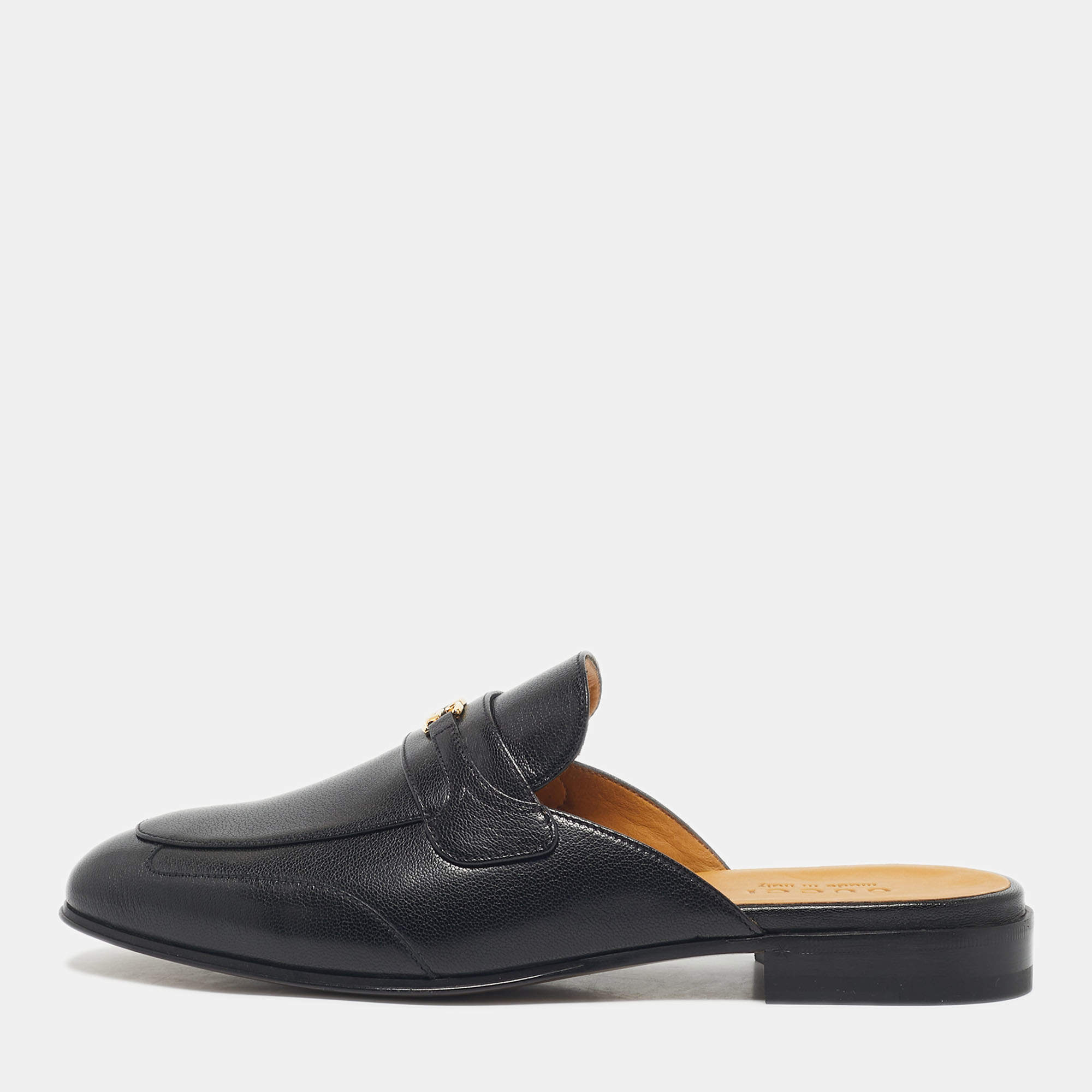 Pre Owned Gucci Black Leather Interlocking G Flat Mules Size 41.5