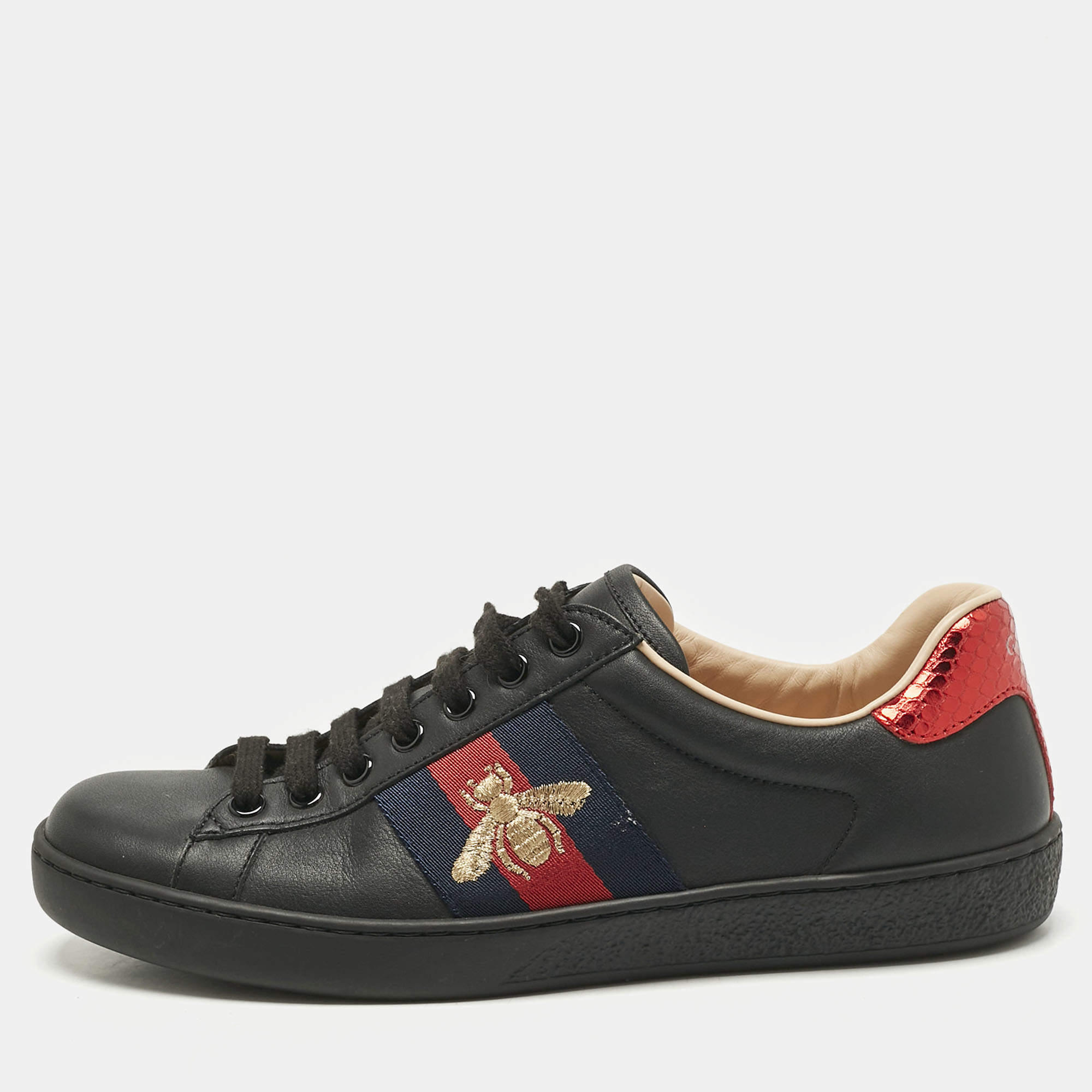 Pre Owned Gucci Black Leather and Snakeskin Embossed Leather Ace Lace Up Sneakers Size 38.5