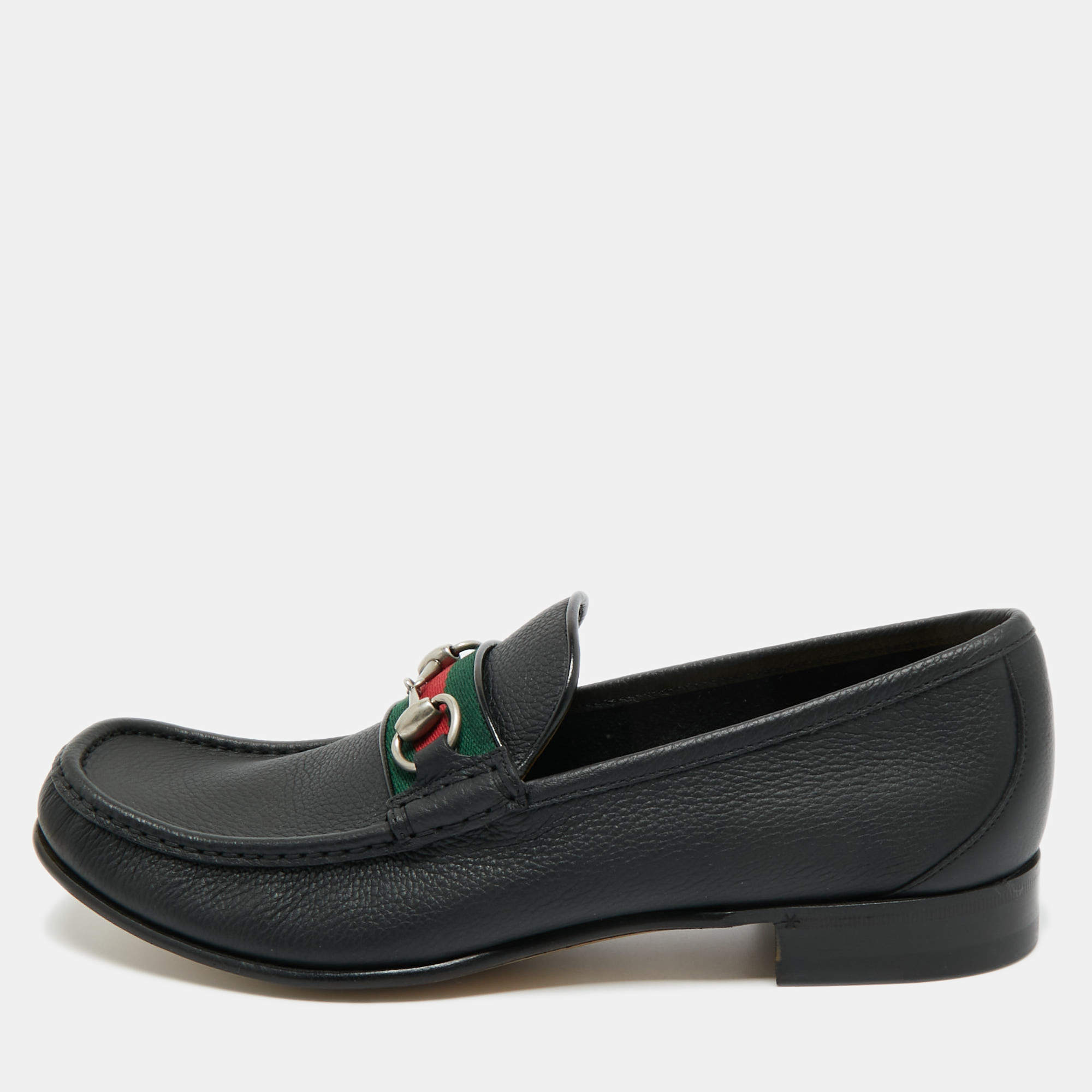 Pre Owned Gucci Black Leather Horsebit Web Loafers Size 44.5
