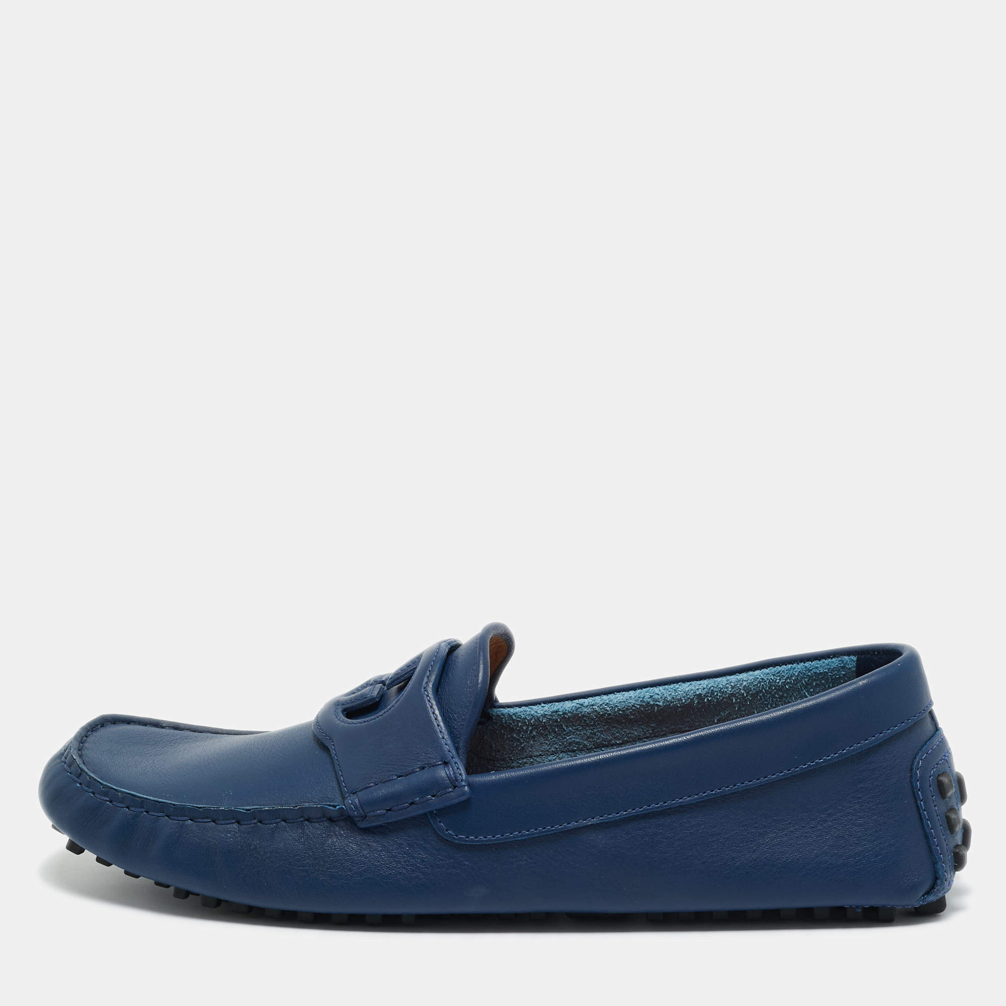 Pre Owned Gucci Blue Leather Interlocking G Loafers Size 43.5