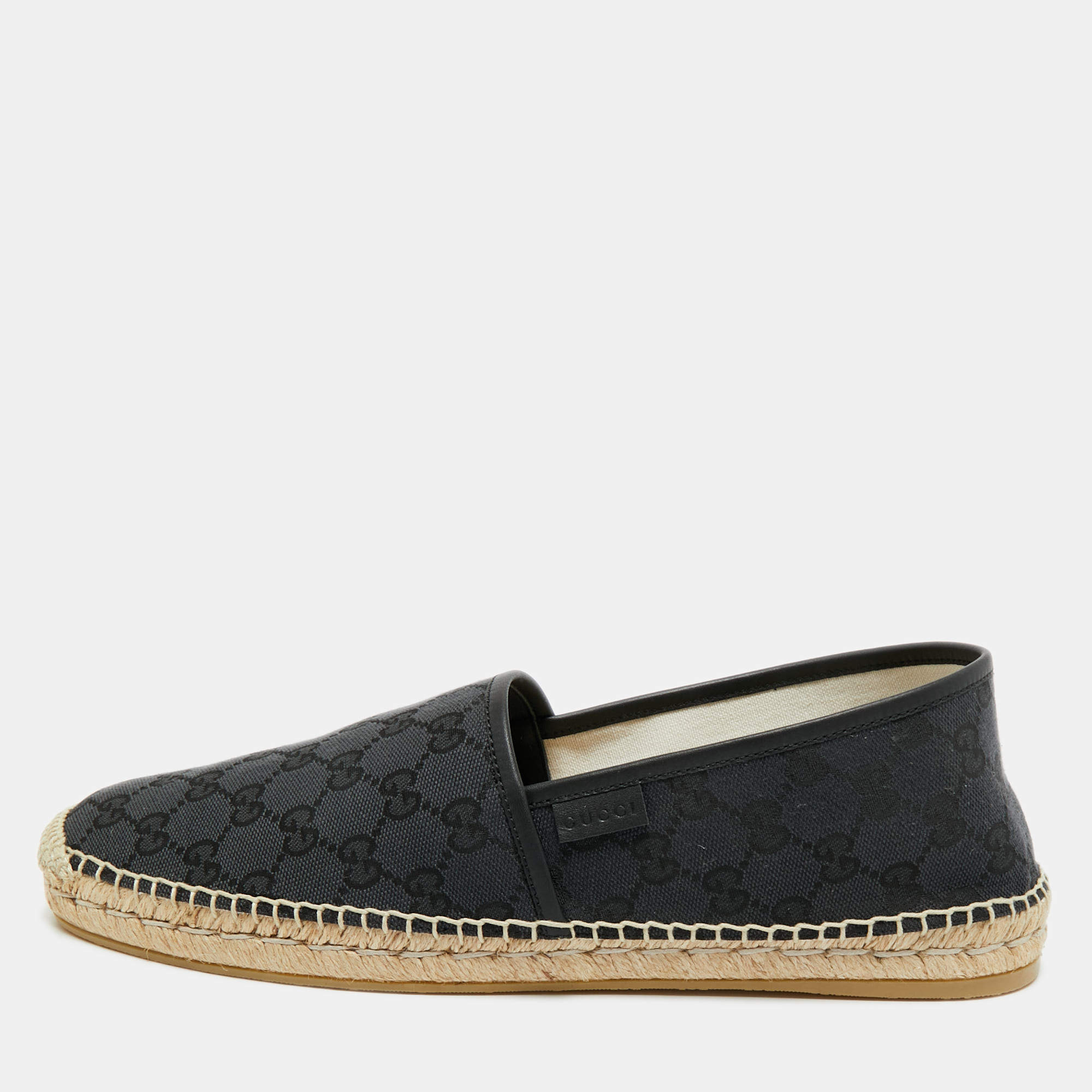 Pre Owned حذاء إسبادريل بدون كعب قماش GG أسود / أزرق وجلد غوتشي مقاس 44.5