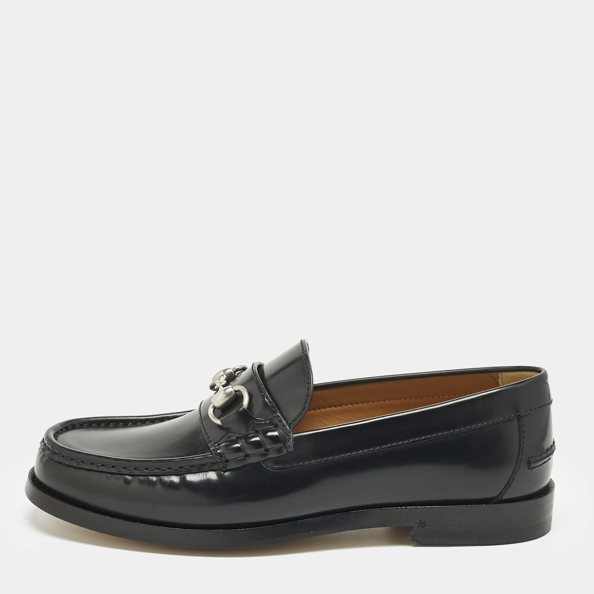 Pre Owned Gucci Black Leather Horsebit Loafers Size 41.5