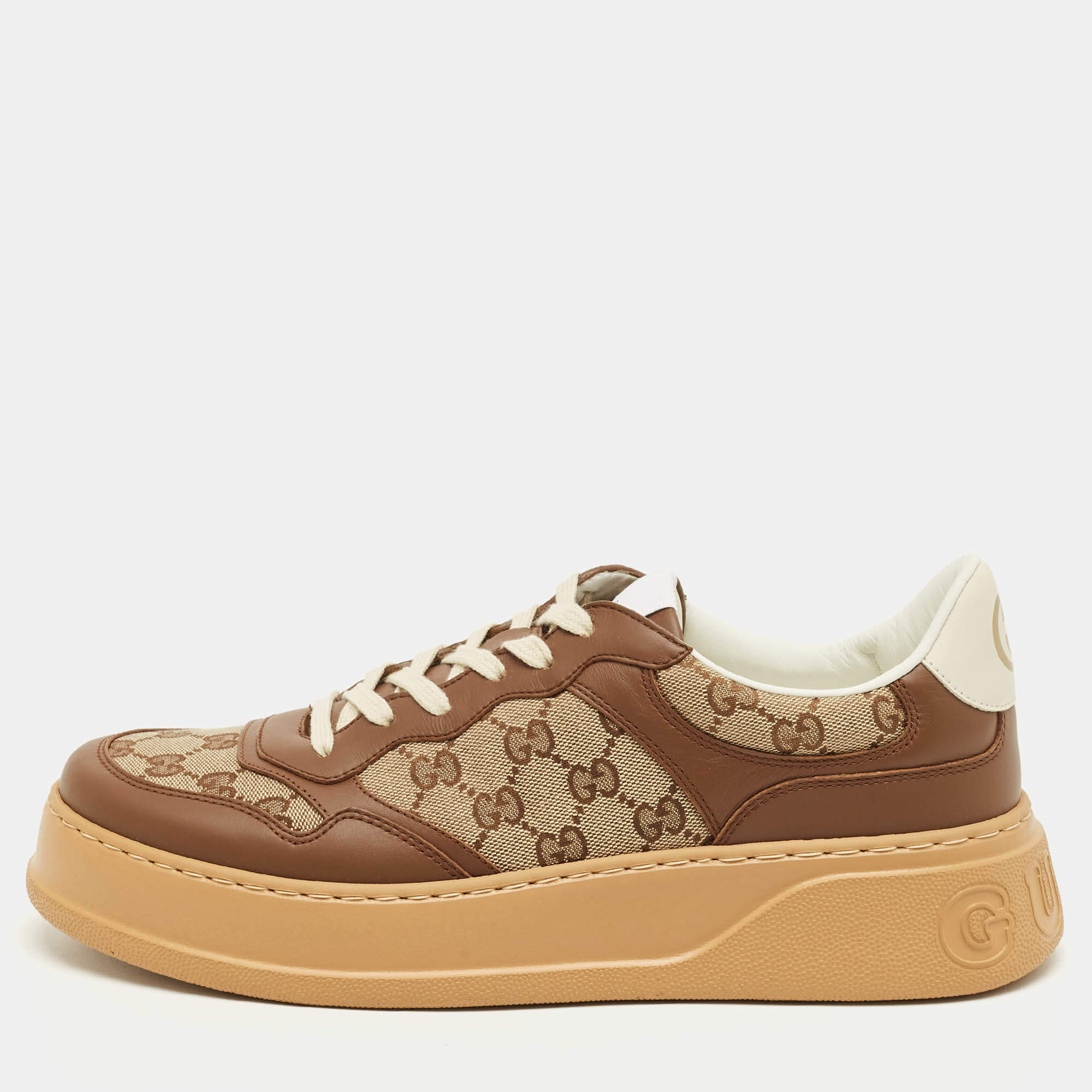 Pre Owned Gucci Beige/Brown GG Canvas and Leather Chunky B Sneakers Size 43