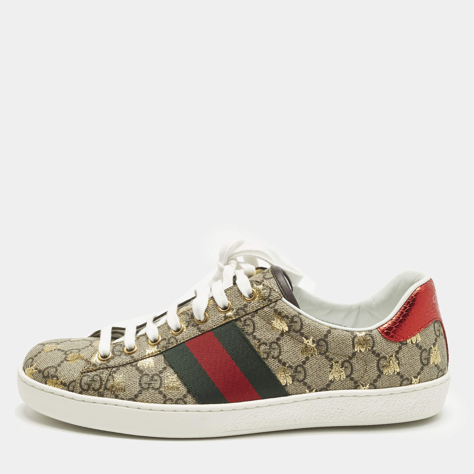 مملوكة مسبقًا Gucci Ace Size 42.5 Beige Coated Canvas and Python Embossed Leather Low Top Sneakers