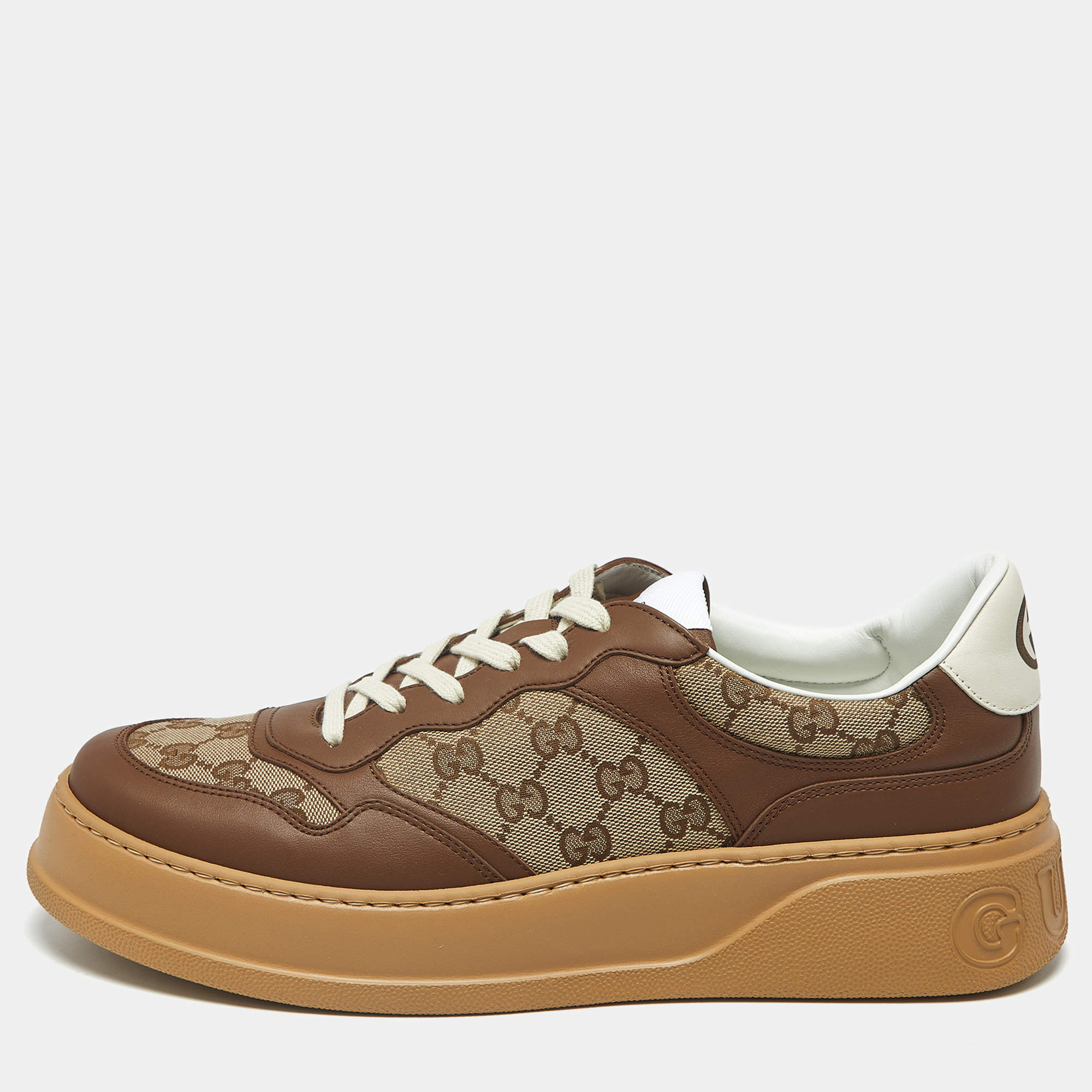 Pre Owned Gucci GG Supreme Size 44 Brown Canvas and Leather Lace Up Sneakers