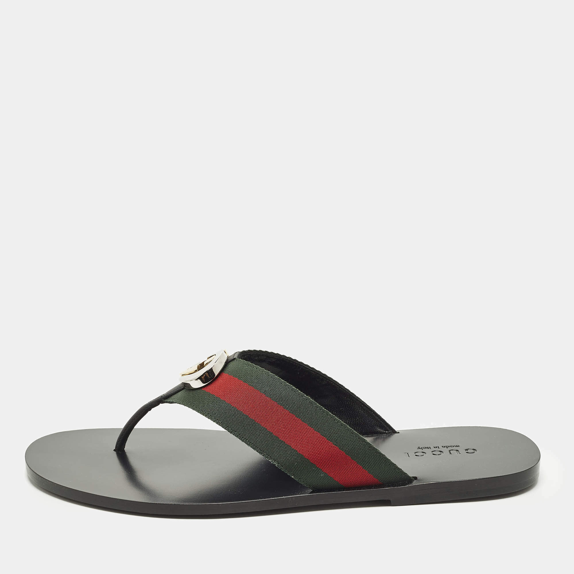 Pre Owned Gucci Interlocking G Size 45 Green/Black Canvas and Leather Thong Flat Sandals