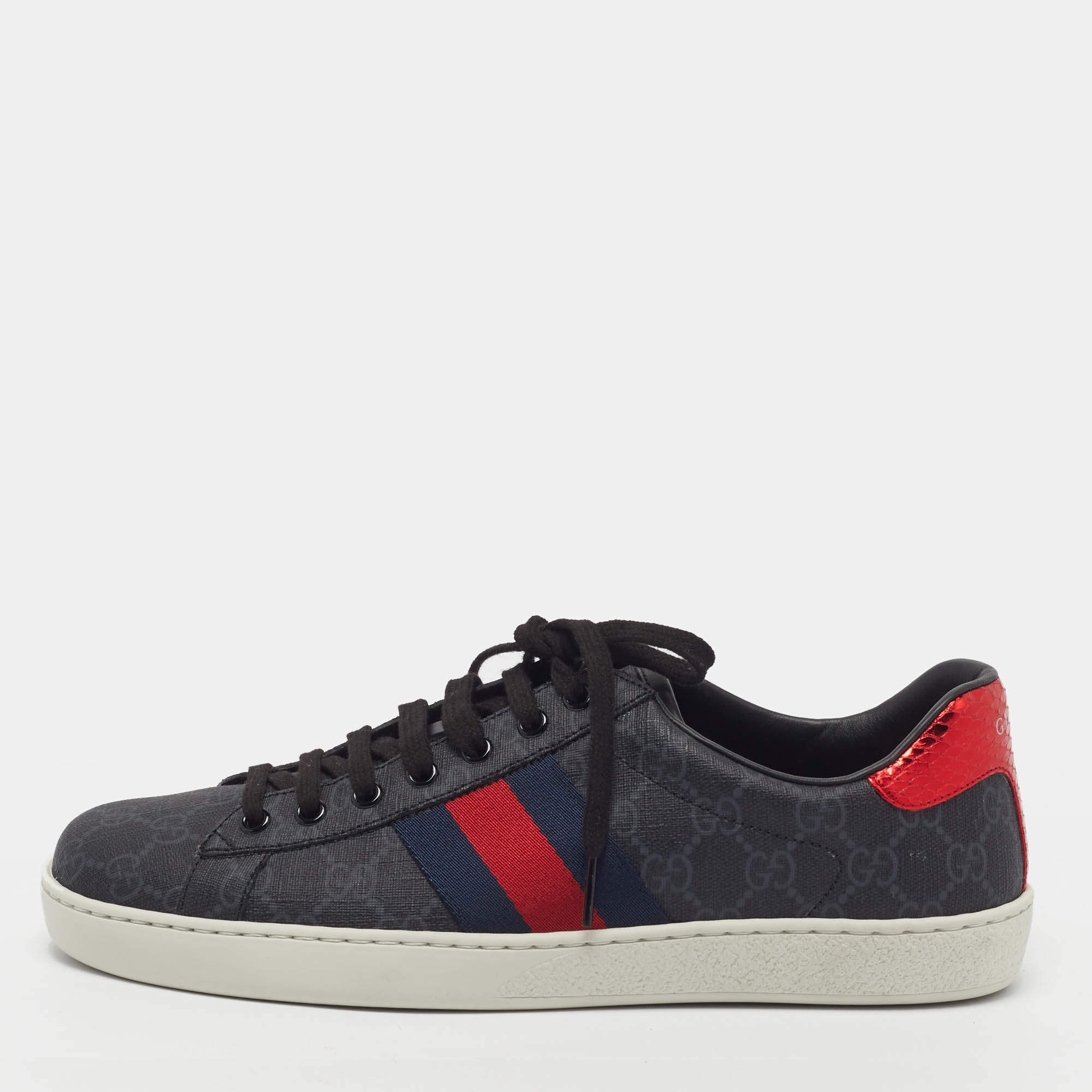 Pre Owned Gucci Ace Size 42 Dark Grey GG Coated Canvas and Python Embossed Leather Web Low Top Sneakers