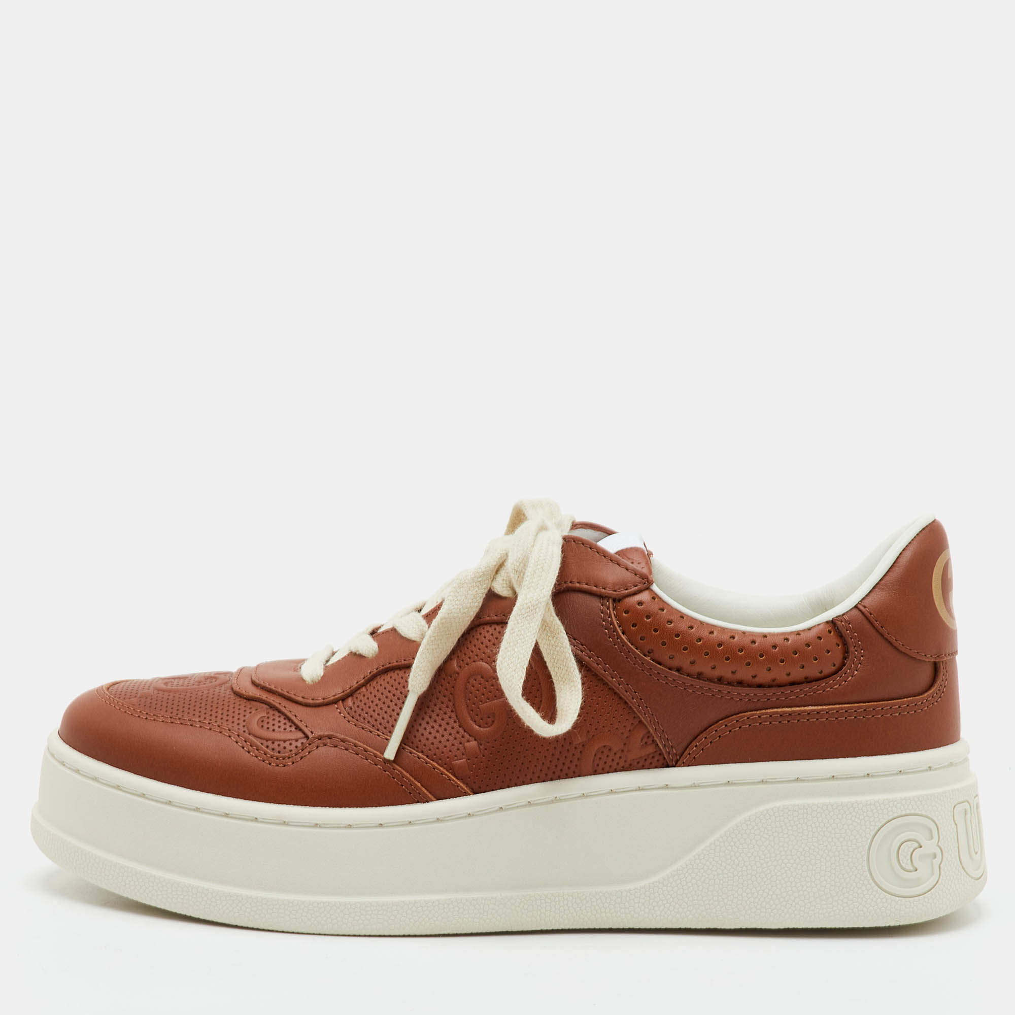 Pre Owned Gucci Chunky B Size 39 Brown Jumbo GG Embossed Leather Low Top Sneakers