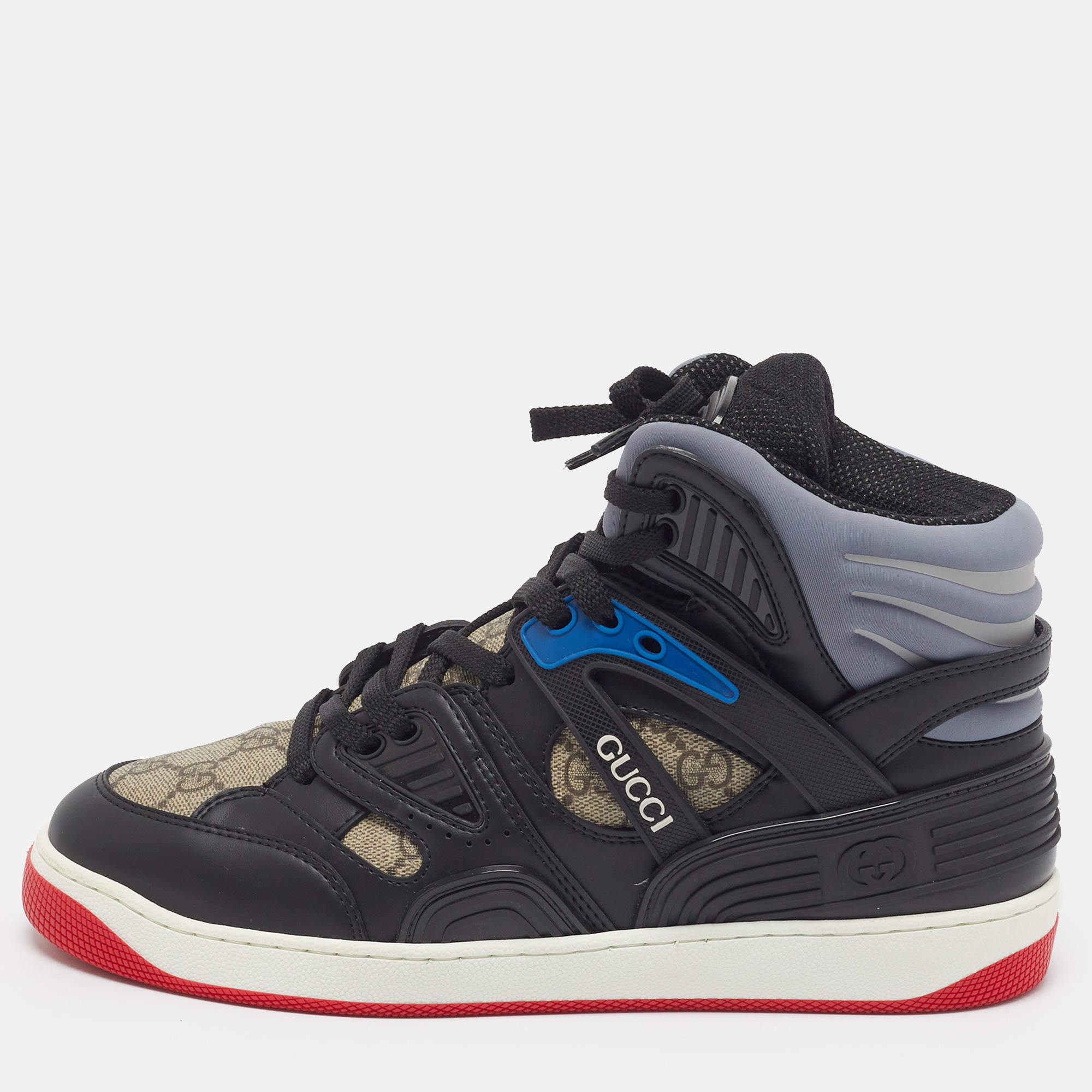 Pre Owned Gucci Basket Size 39.5 Beige/Black GG Supreme Canvas and Leather High Top Sneakers
