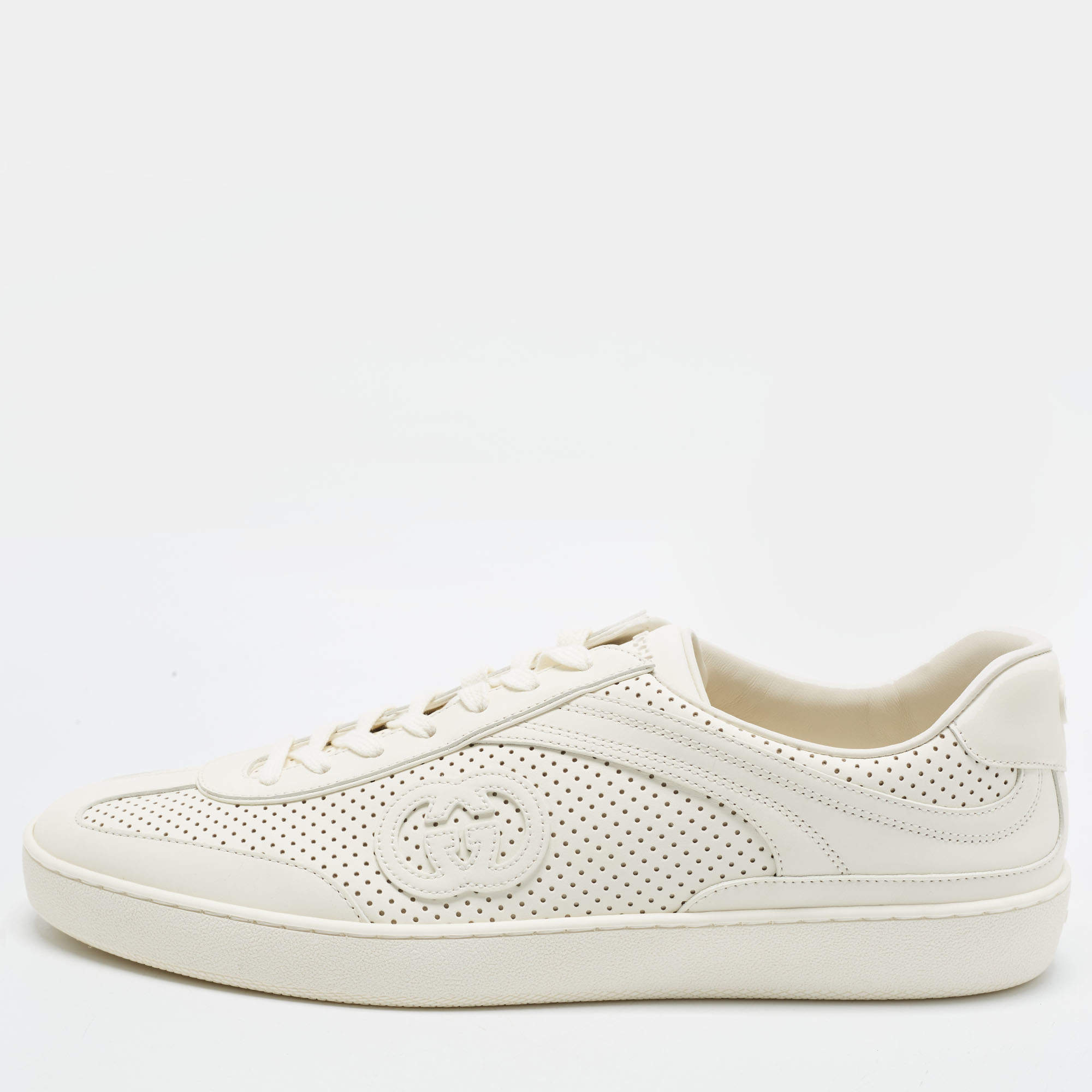 Pre Owned Gucci G75 Size 46 Cream Leather Lace Up Sneakers