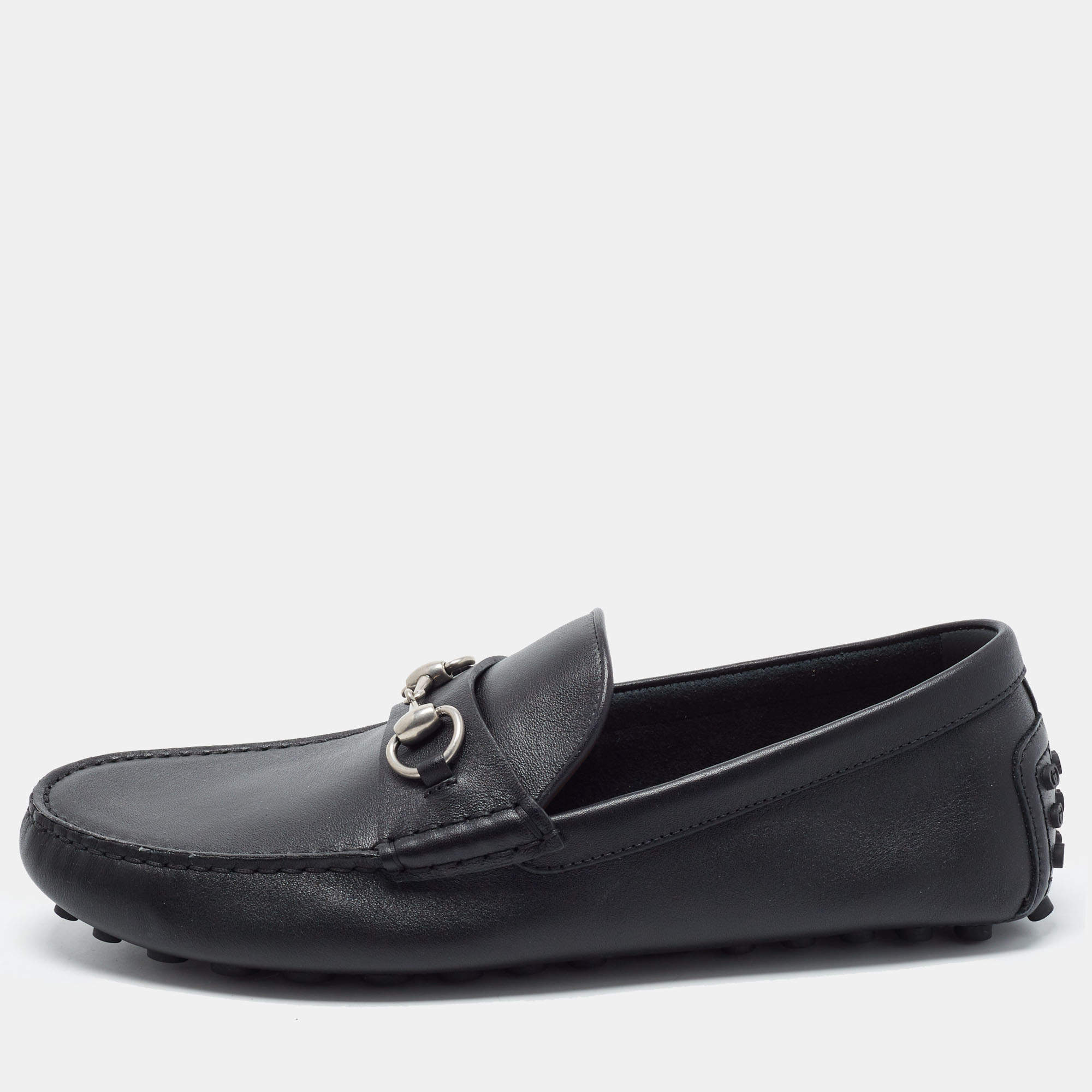 Pre Owned Gucci Horsebit Size 43.5 Black Leather Drivers Loafers