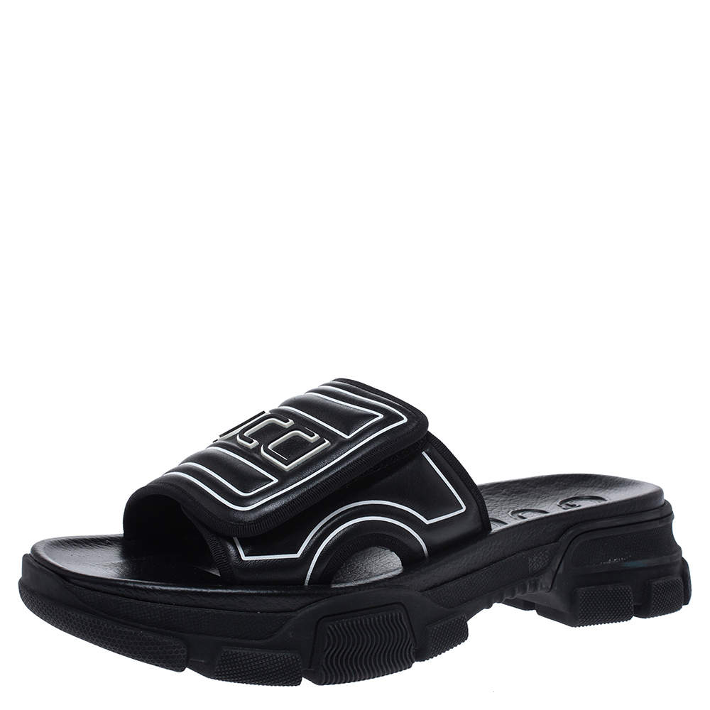 Gucci Black Leather Logo Slide Sandals Size 41