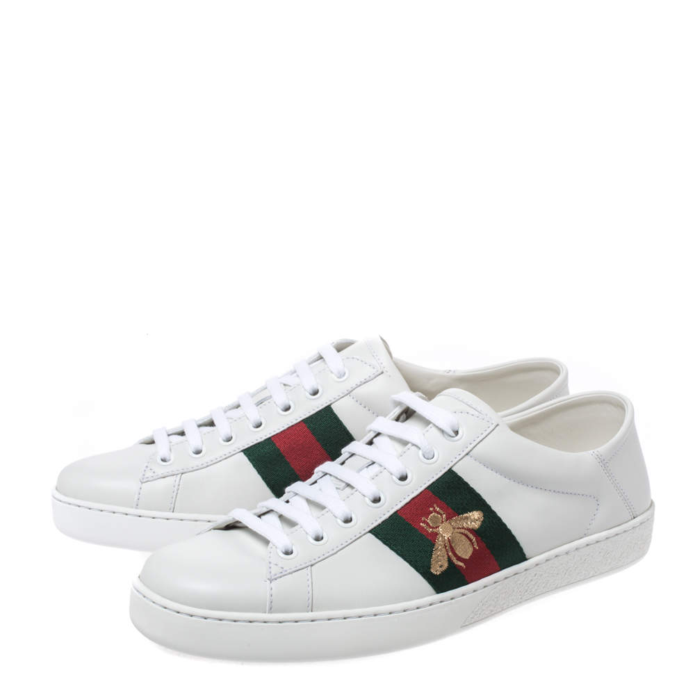 Gucci White Leather Embroidered Bee Ace 
