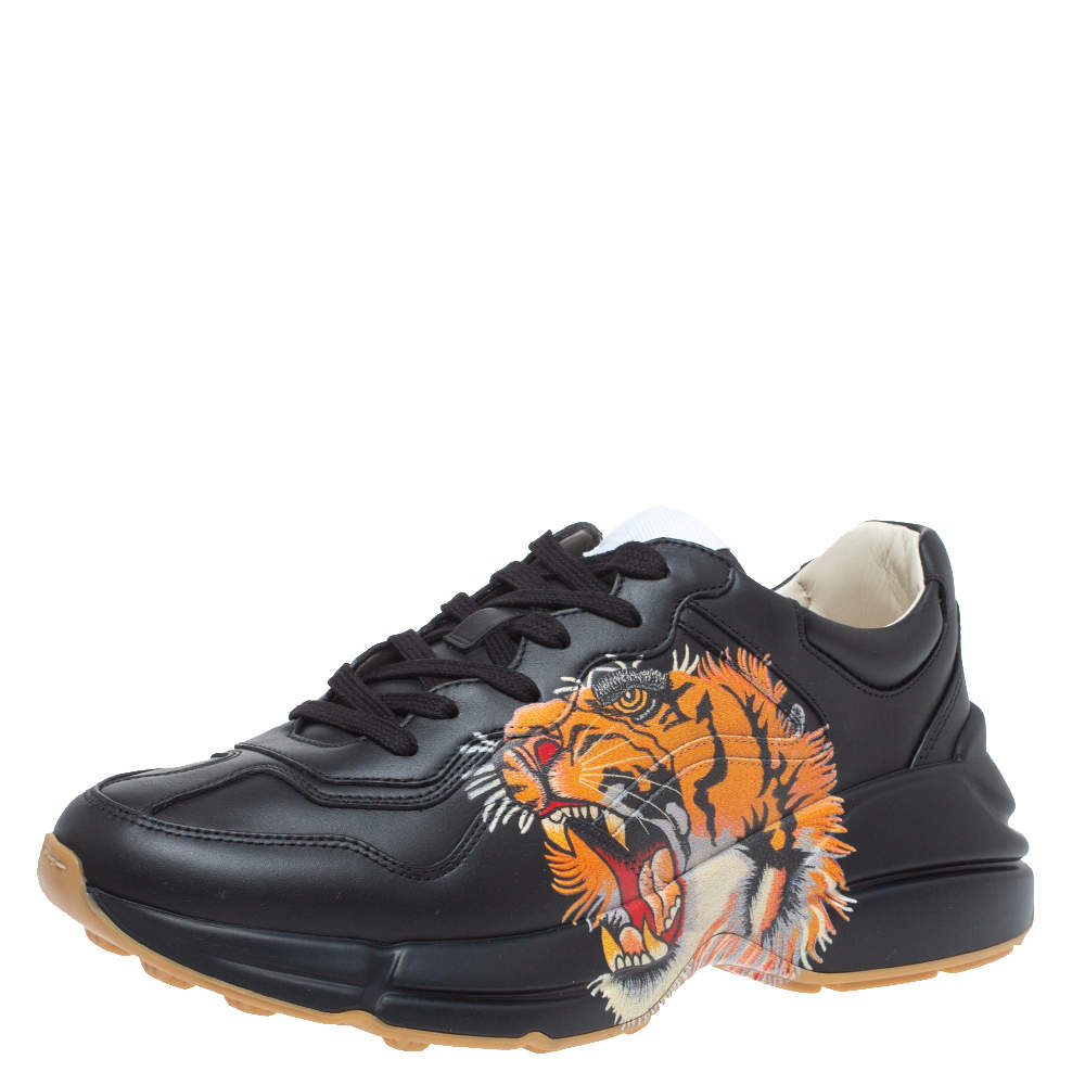 Gucci Black Leather Tiger Rhyton Low Top Sneakers Size 41.5