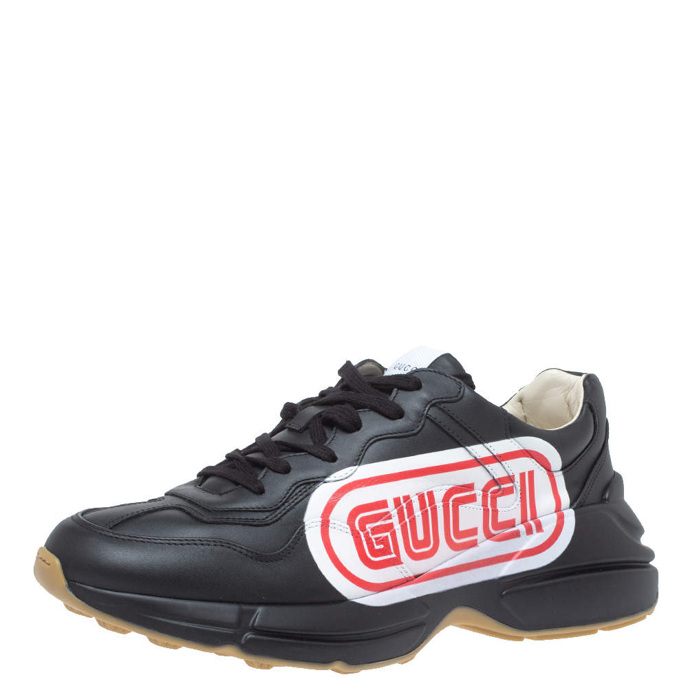 مملوكة مسبقًا Gucci Black Leather Rhyton Logo Low Top Sneakers Size 43.5