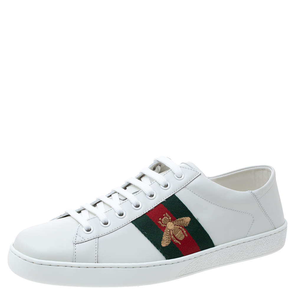 Pre Owned Gucci White Leather Embroidered Bee Ace Low Top Sneakers Size 42
