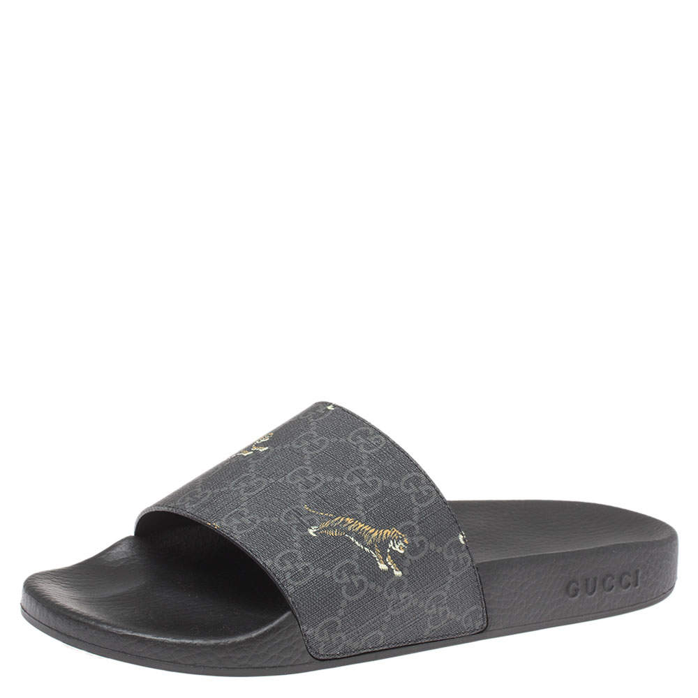 Pre Owned Gucci Black GG Canvas Tiger Flat Slides Size 44