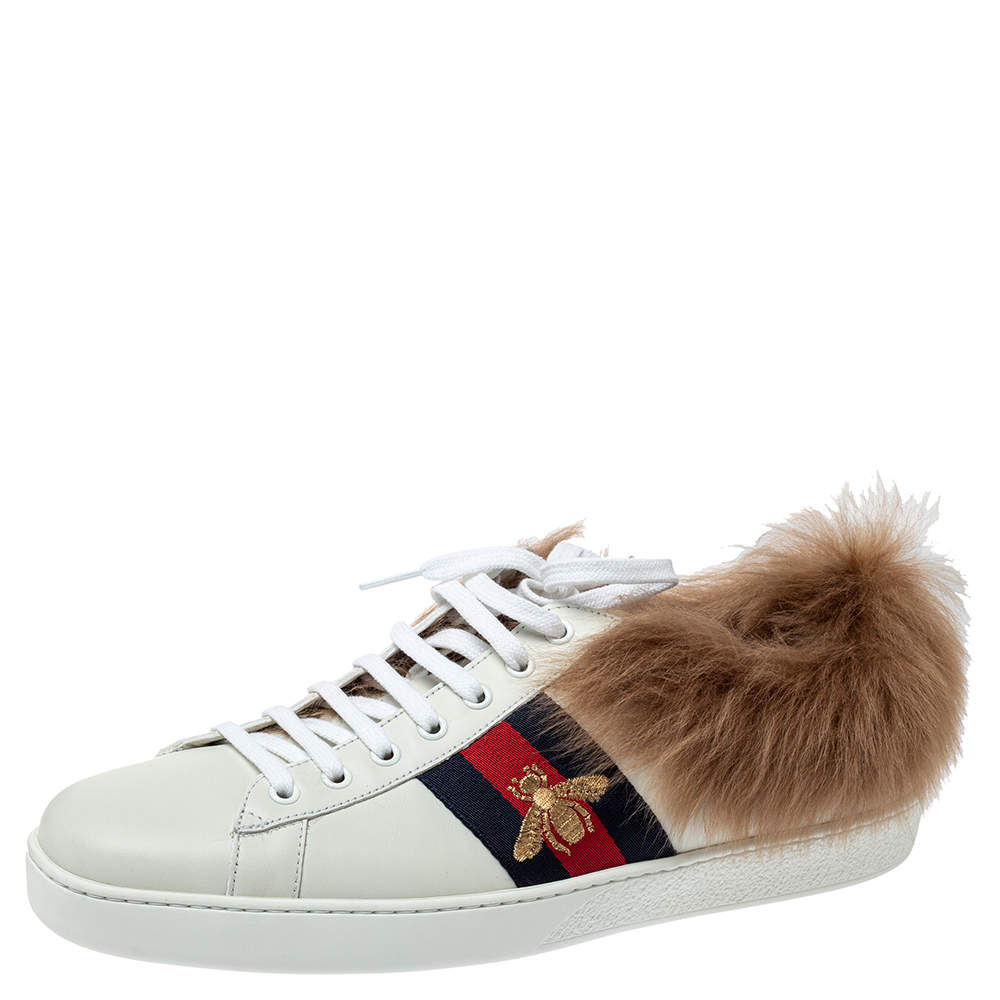 Gucci White Leather and Fur Ace Embroidered Bee Low Top Sneaker Size 44