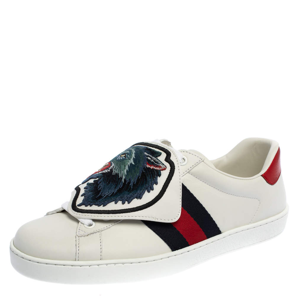 Gucci White Leather Ace Web Low Top Sneakers with Removable Patch Size 40