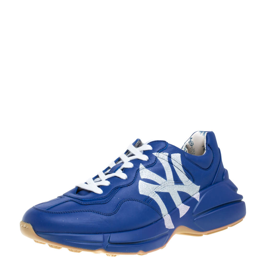 Pre Owned Gucci Blue Leather NY Yankees Rhyton Low Top Sneaker Size 42