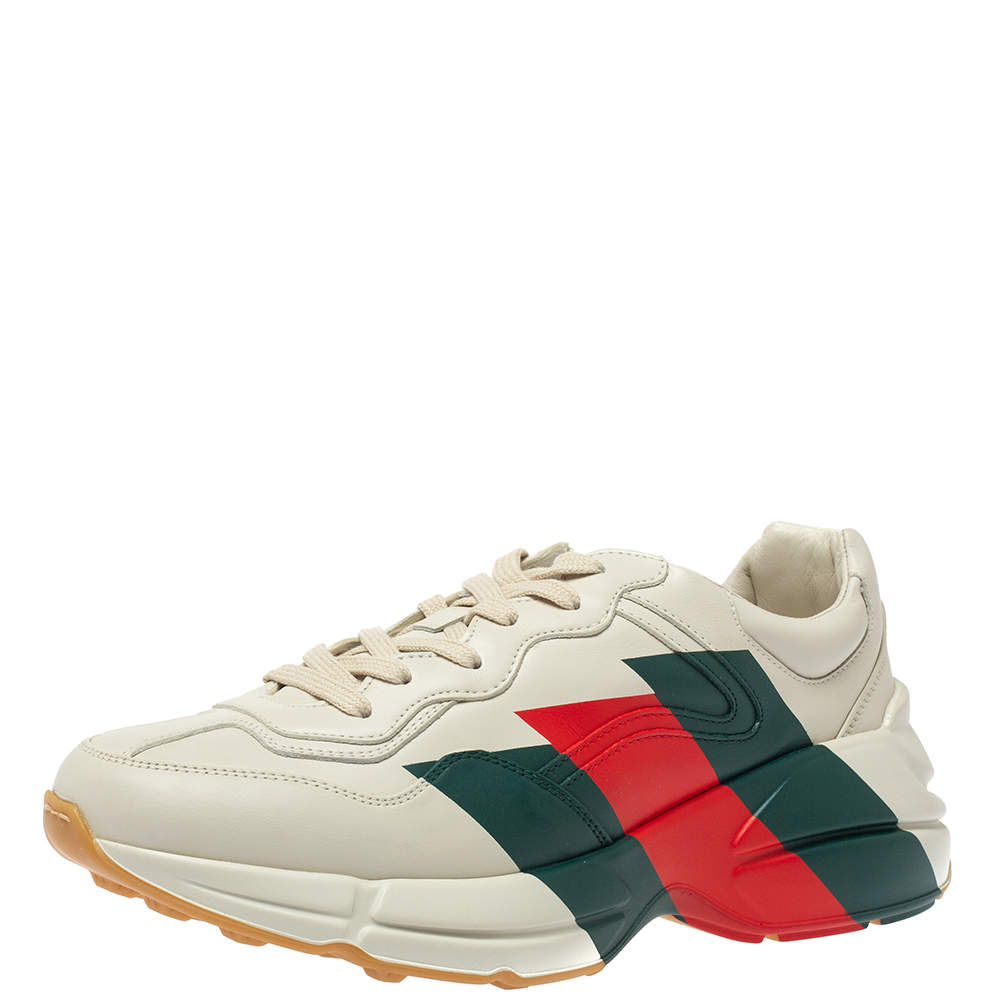 Pre Owned Gucci Cream Leather Web Rhyton Low Top Sneakers Size 41.5