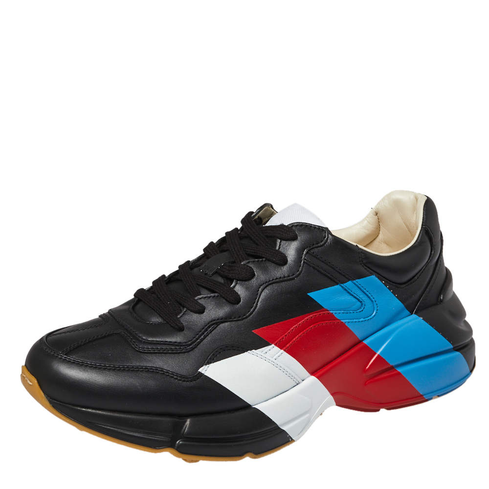 Pre Owned حذاء رياضى غوتشى منخفض من أعلى ريثون ويب جلد أسود مقاس 42 