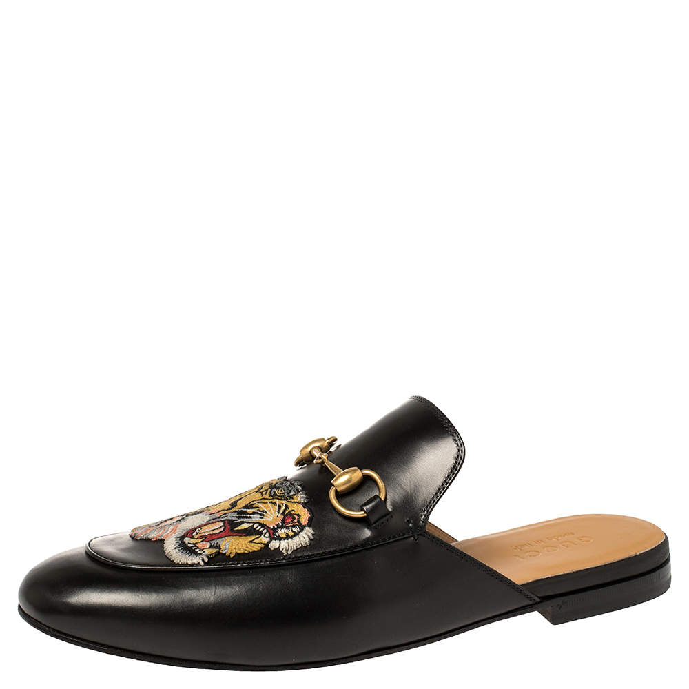 Pre Owned Gucci Black Tiger Embroidered Leather Princetown Horsebit Mules Size 43.5