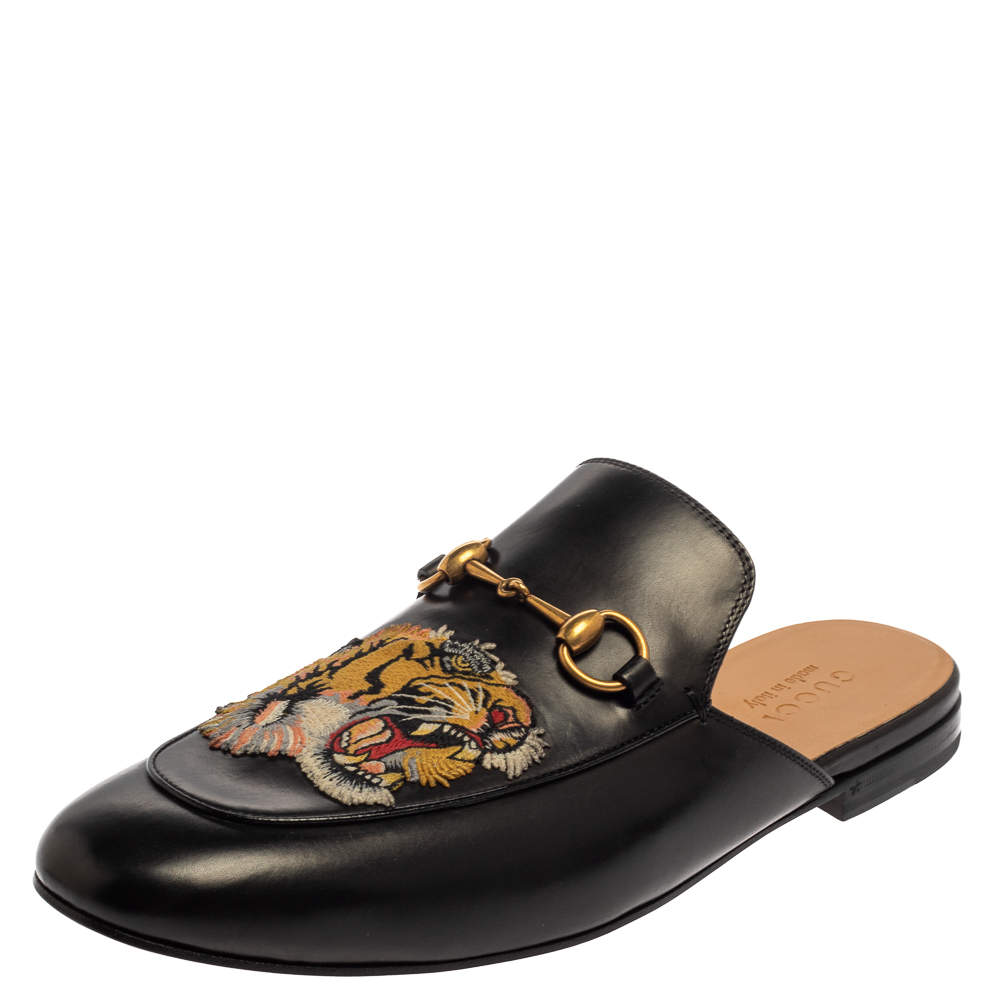 Gucci Black Tiger Embroidered Leather Princetown Horsebit Mules Size 45