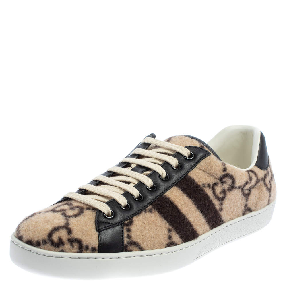 Gucci Beige GG Wool And Leather Ace Low Top Sneakers Size 41.5
