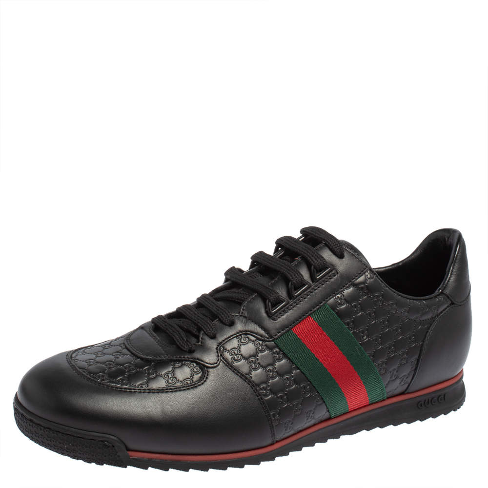 Pre Owned Gucci Black Guccissima Leather Web Detail Lace Up Sneakers Size 45
