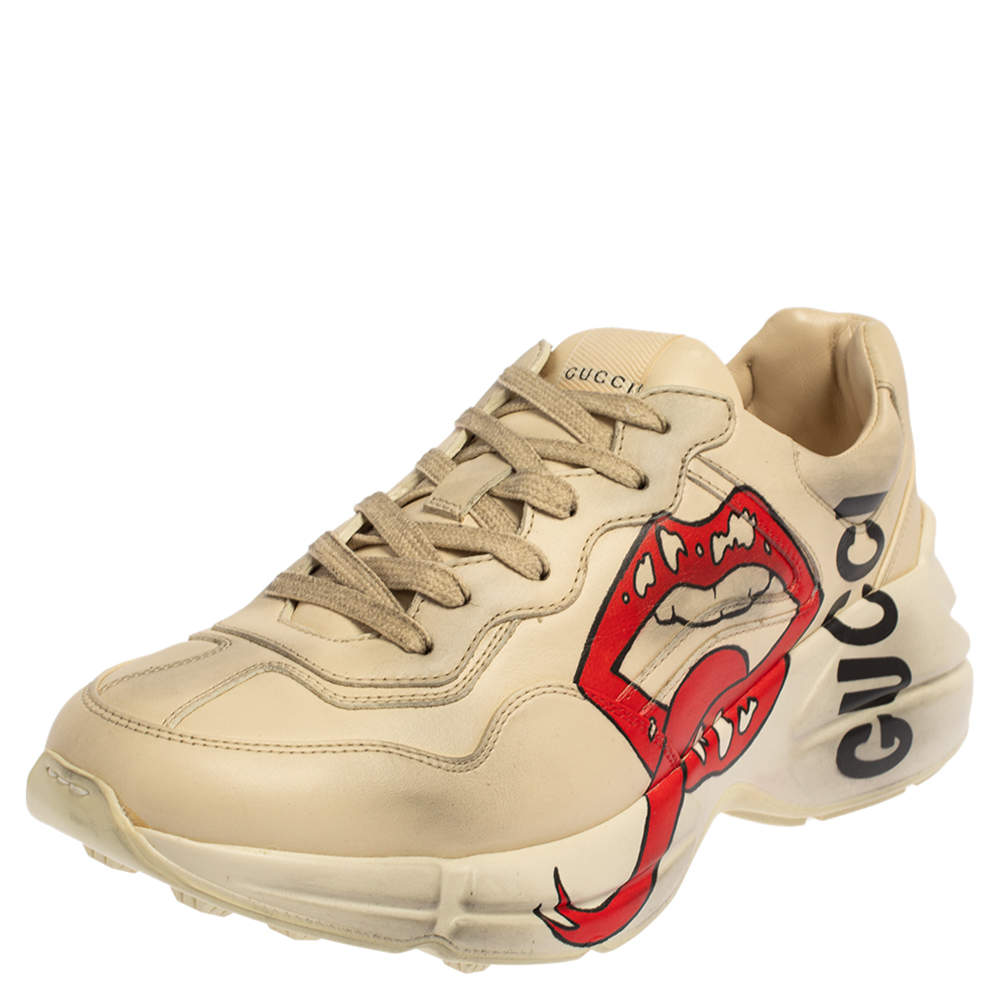 Pre Owned Gucci Ivory Leather Rhyton Mouth Print Low Top Sneakers Size 40