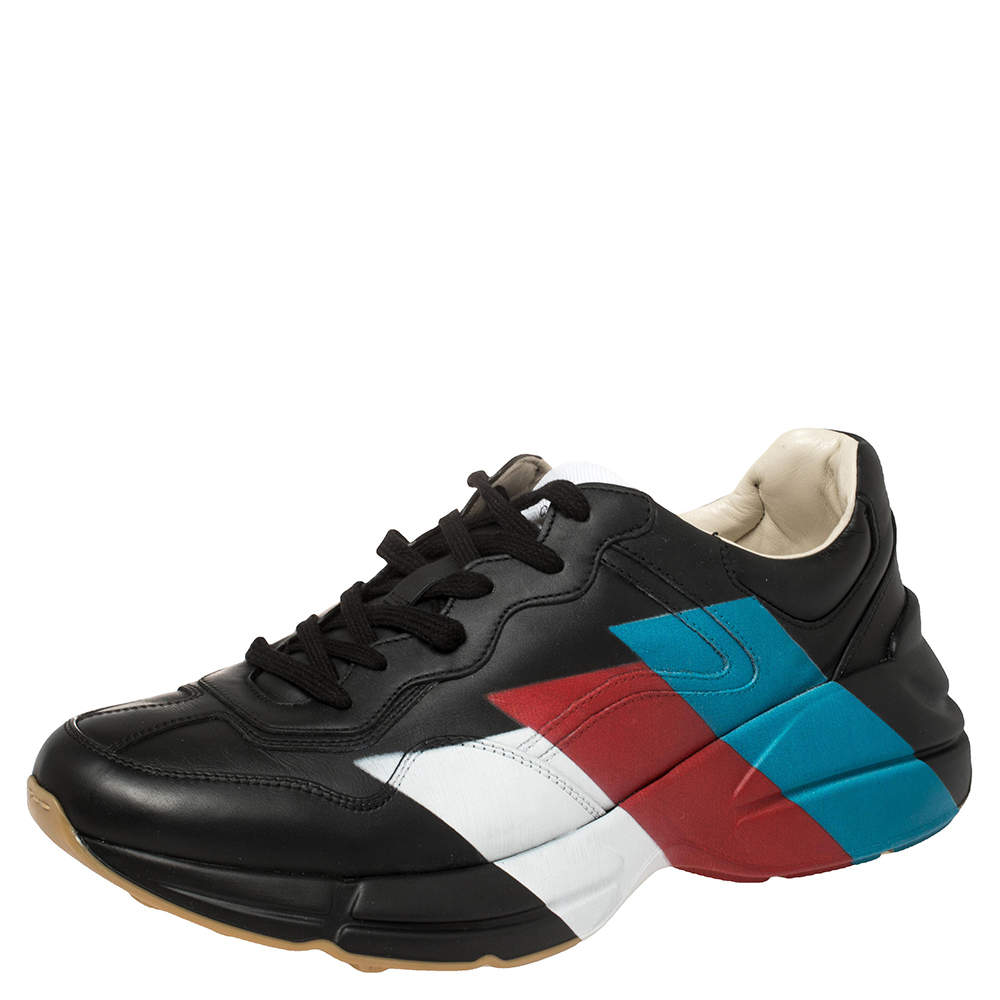 Gucci Black Leather Rhyton Web Print Sneakers Size 42