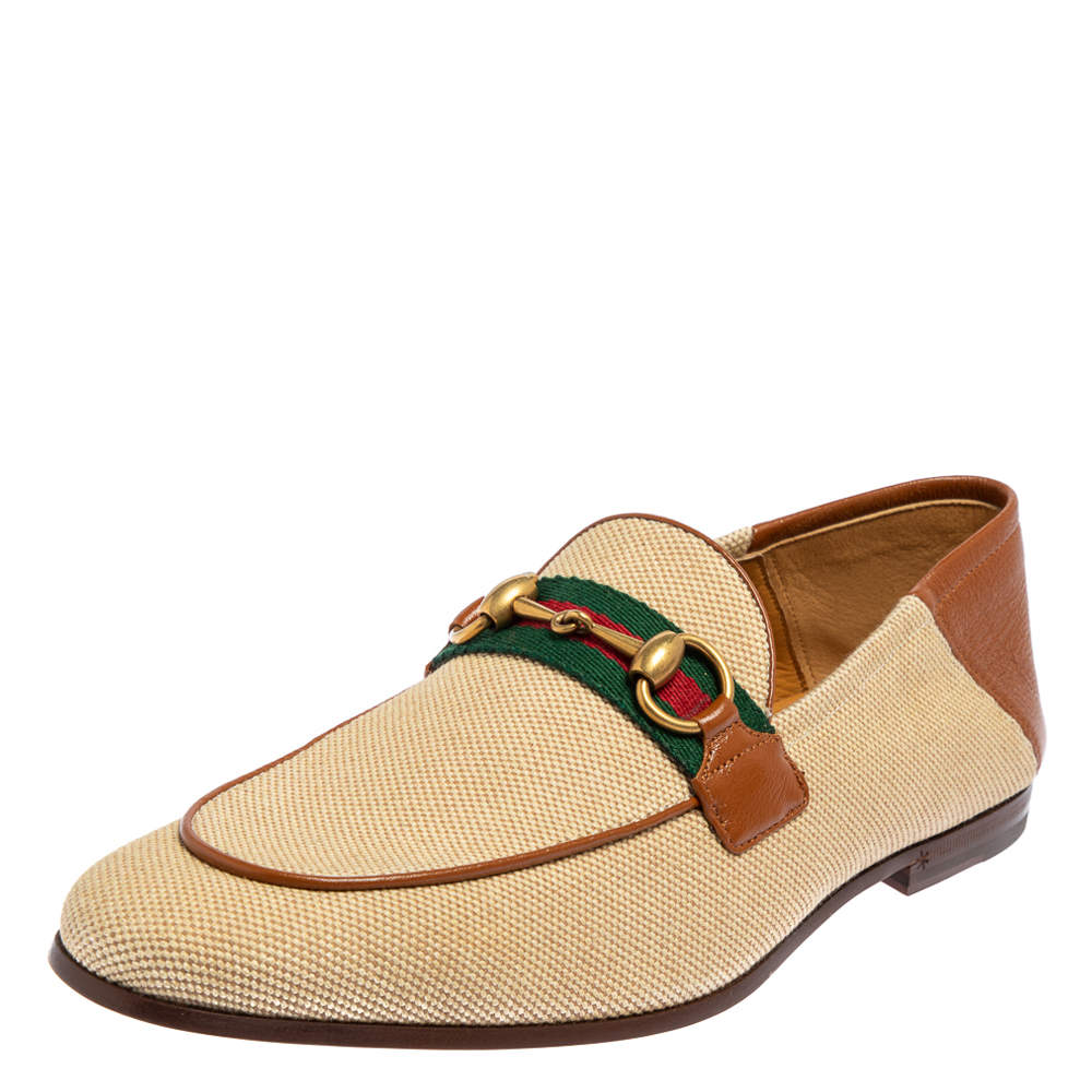 Pre Owned  Gucci Beige/Brown Canvas And Leather Web  Loafers Size 40.5
