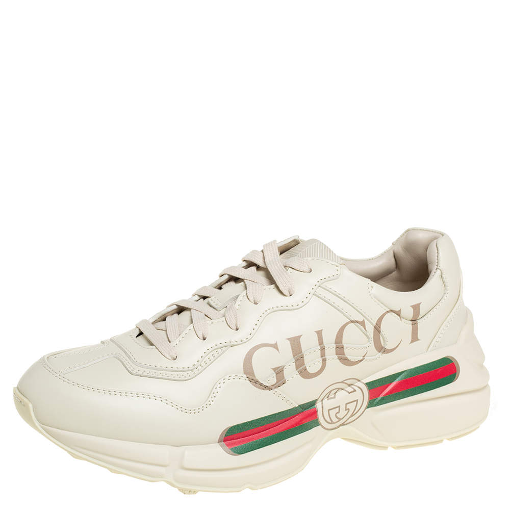Pre Owned Gucci Cream Leather Rhyton Gucci Logo Low Top Sneakers Size 41 