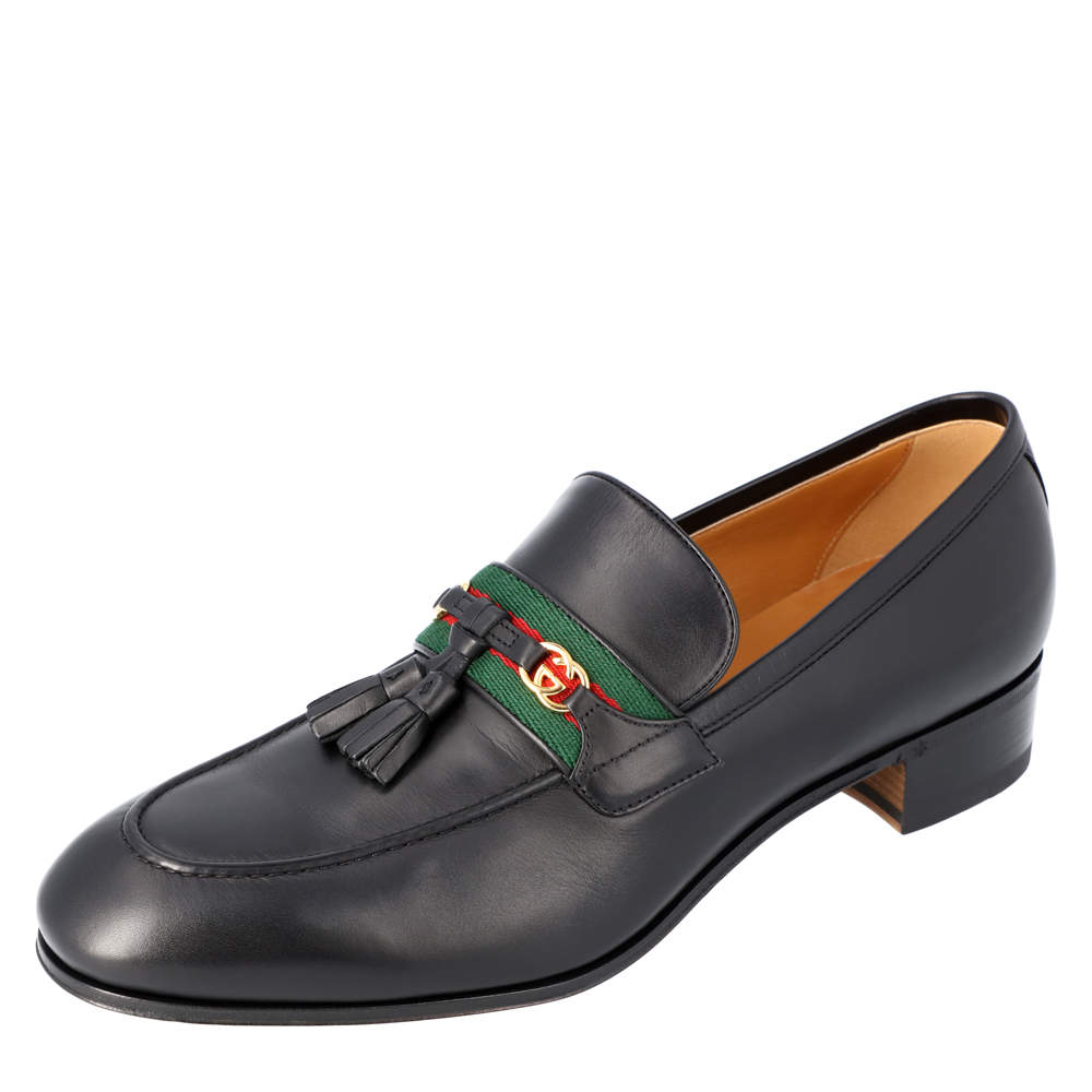 Pre Owned Gucci Black Web Detailed GG Motif Loafers Size EU 43 UK 9