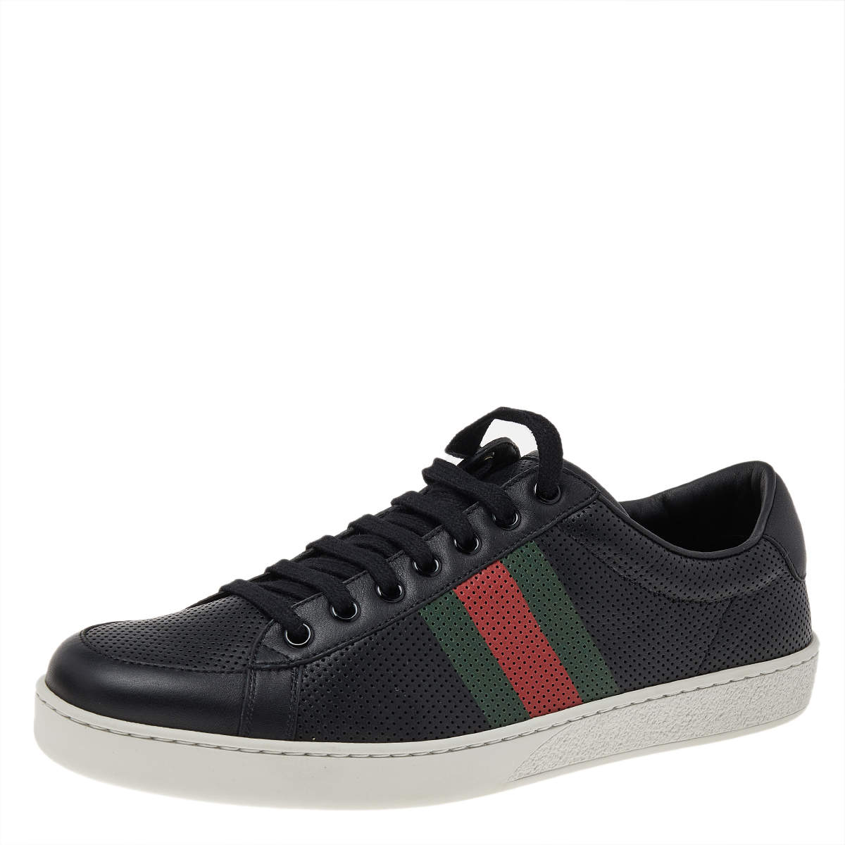 Pre Owned Gucci Black Perforated Leather Web Detail Low Top Sneakers Size 42.5