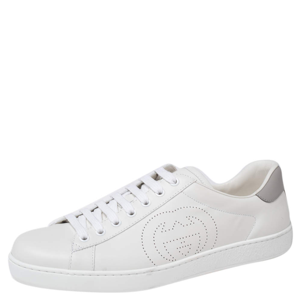 Pre Owned Gucci White Leather Perforated GG Low Top Sneakers Size 42.5