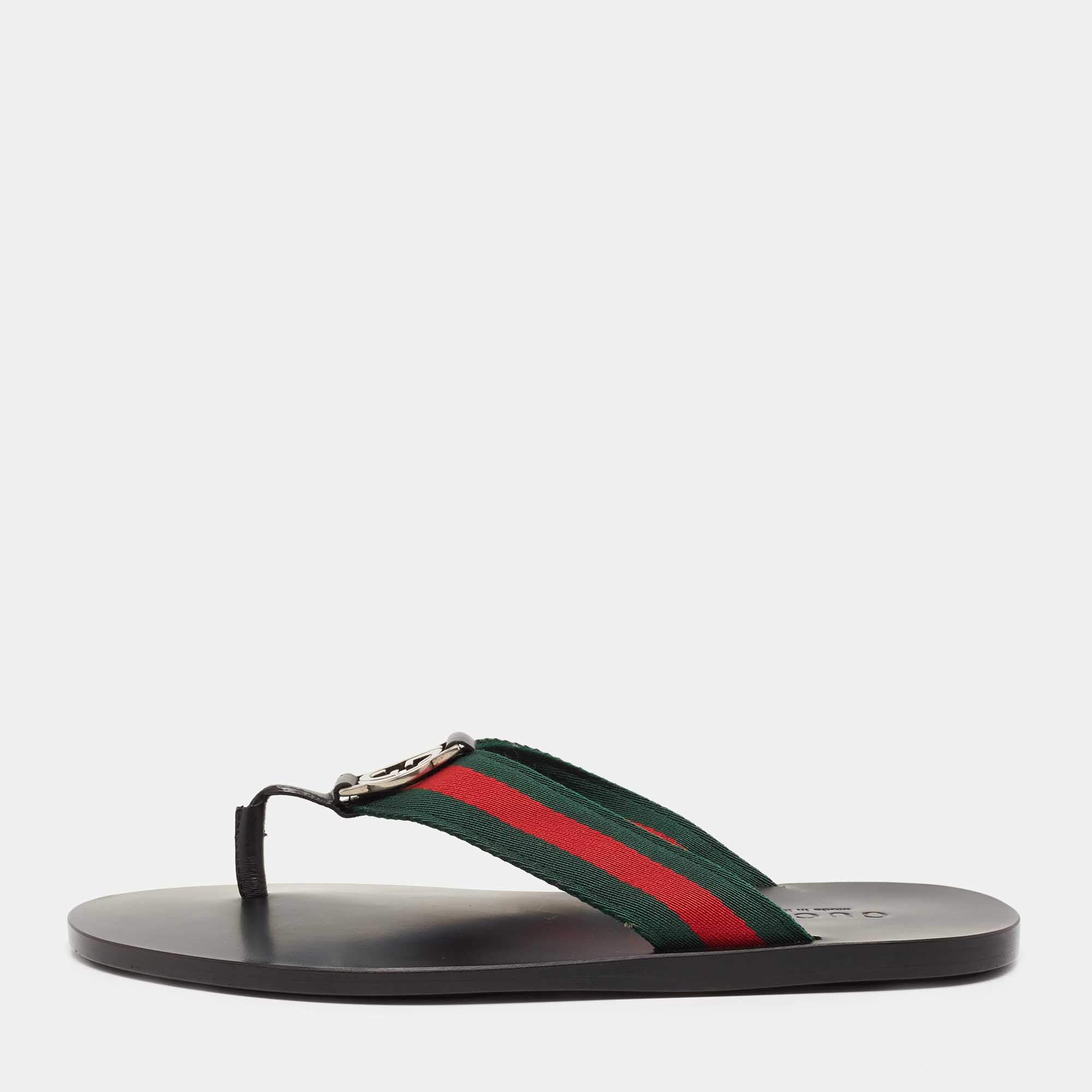 Gucci Black Leather and Fabric Web Interlocking G Thong Flats Size 40