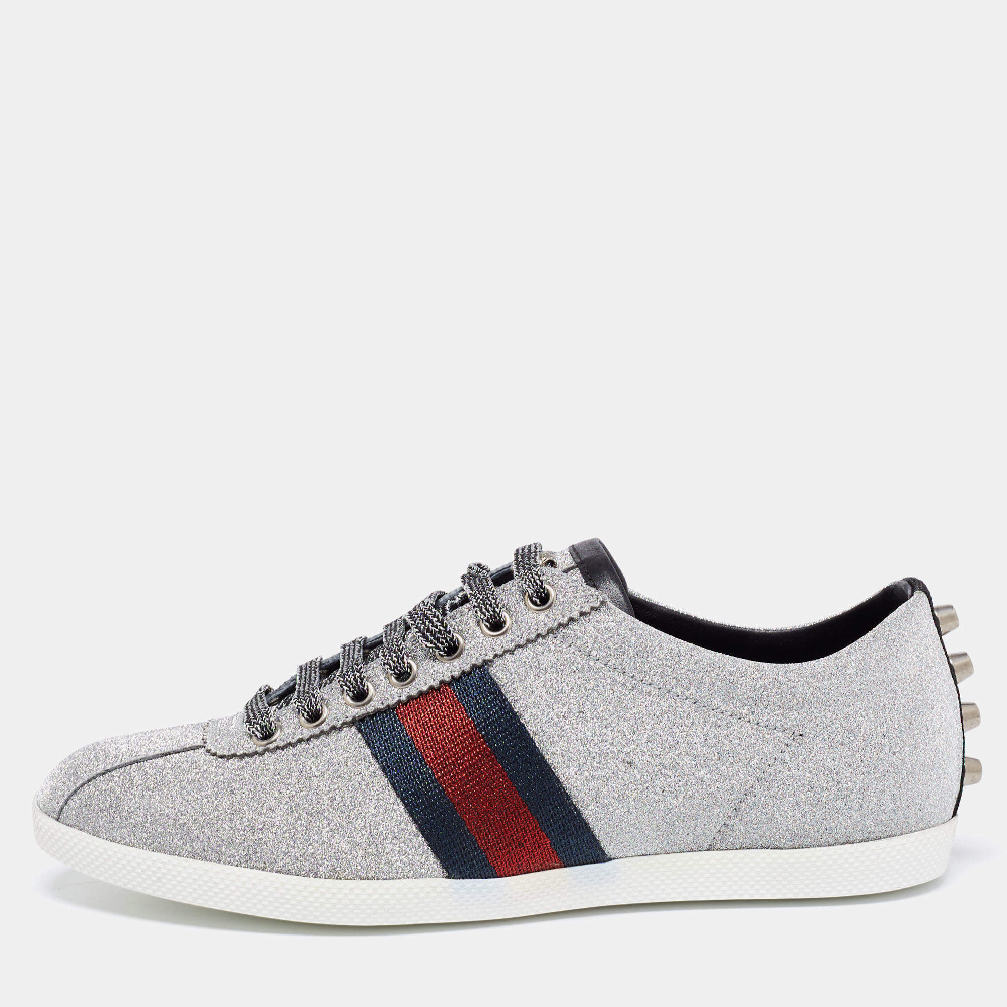 Gucci Metallic Silver Glitter Web Detail Studded Low Top Sneakers Size 40