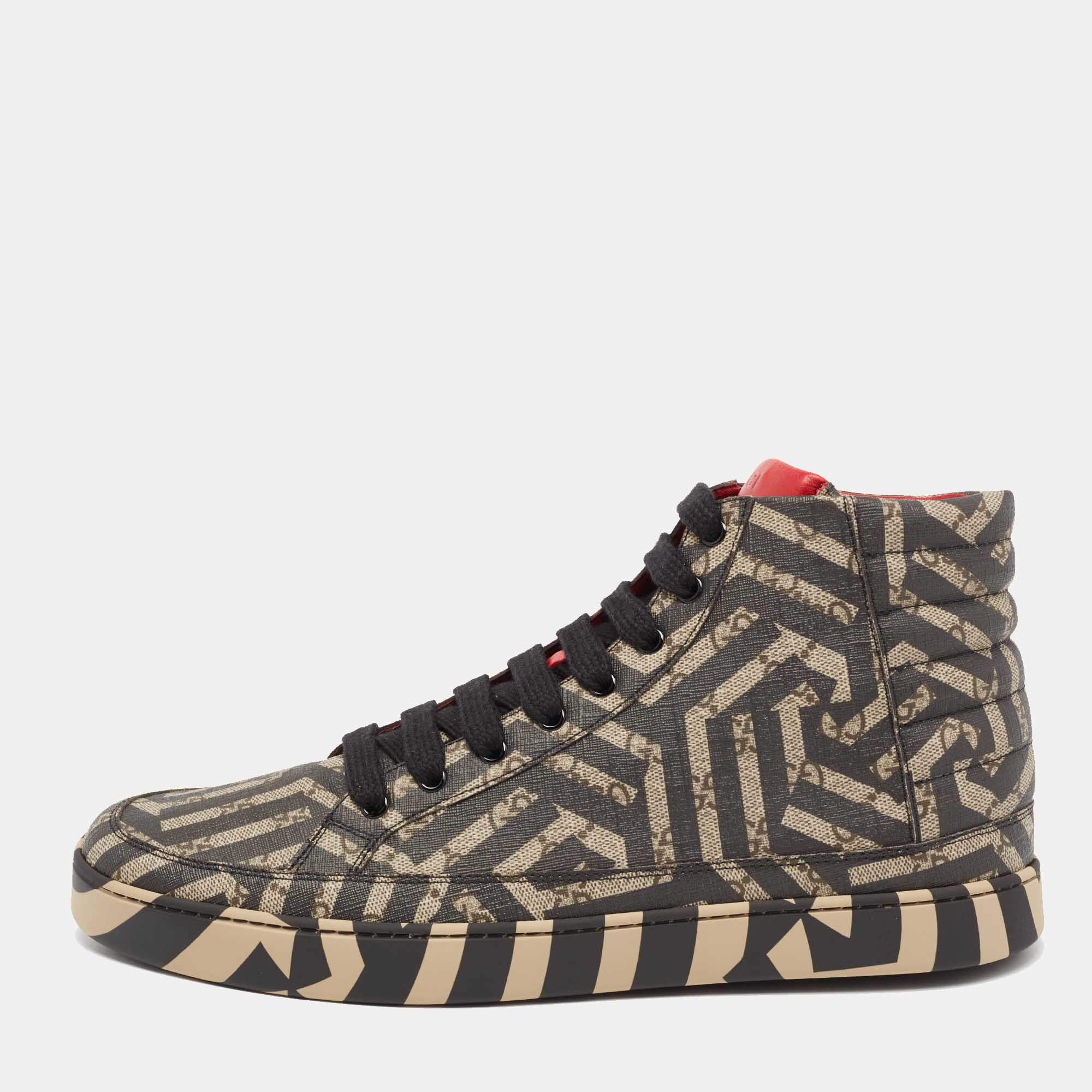 Gucci Black/Beige GG Supreme Canvas Caleido High Top Sneakers Size 46
