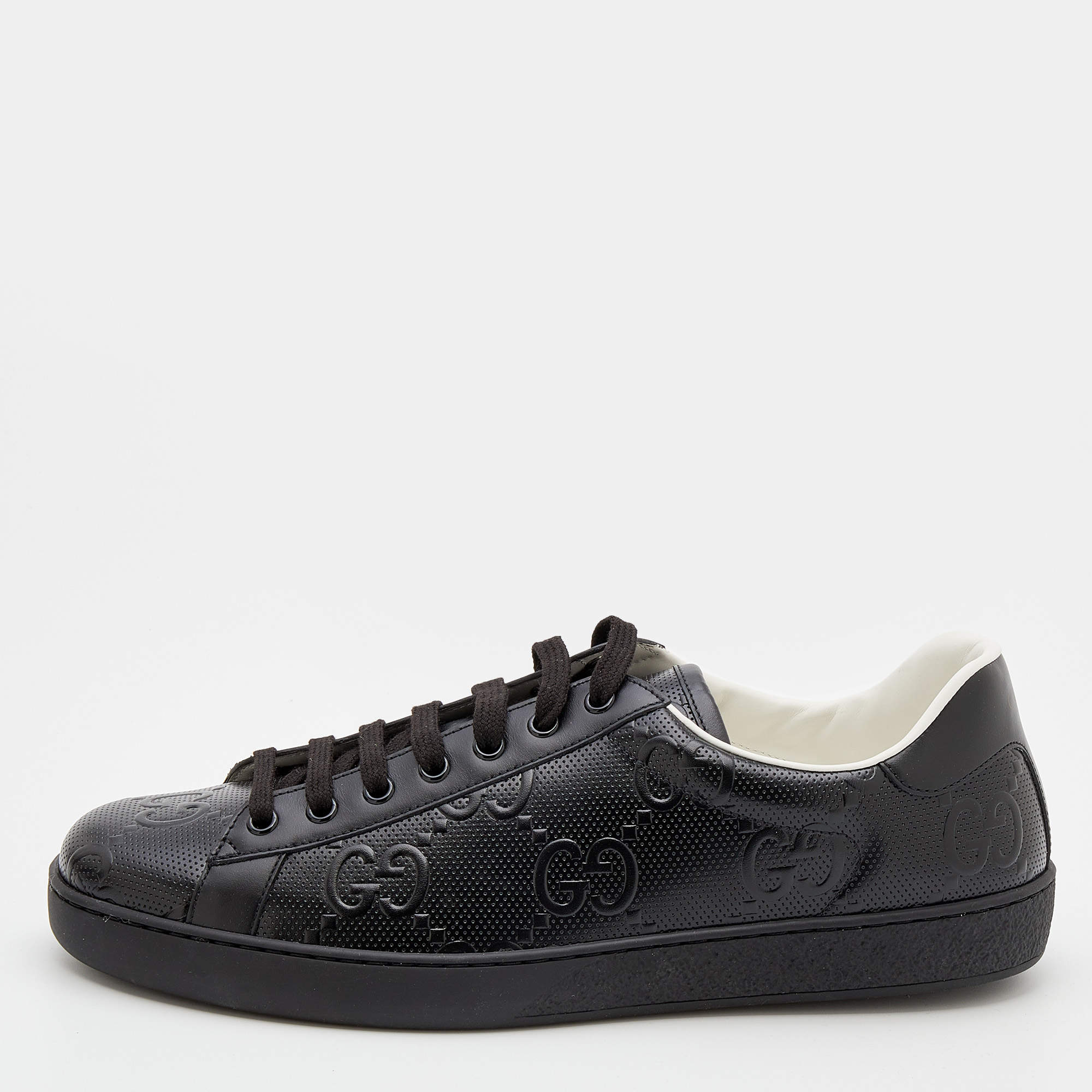 Gucci Black Perforated GG Embossed Leather Ace Low Top Sneakers Size 44