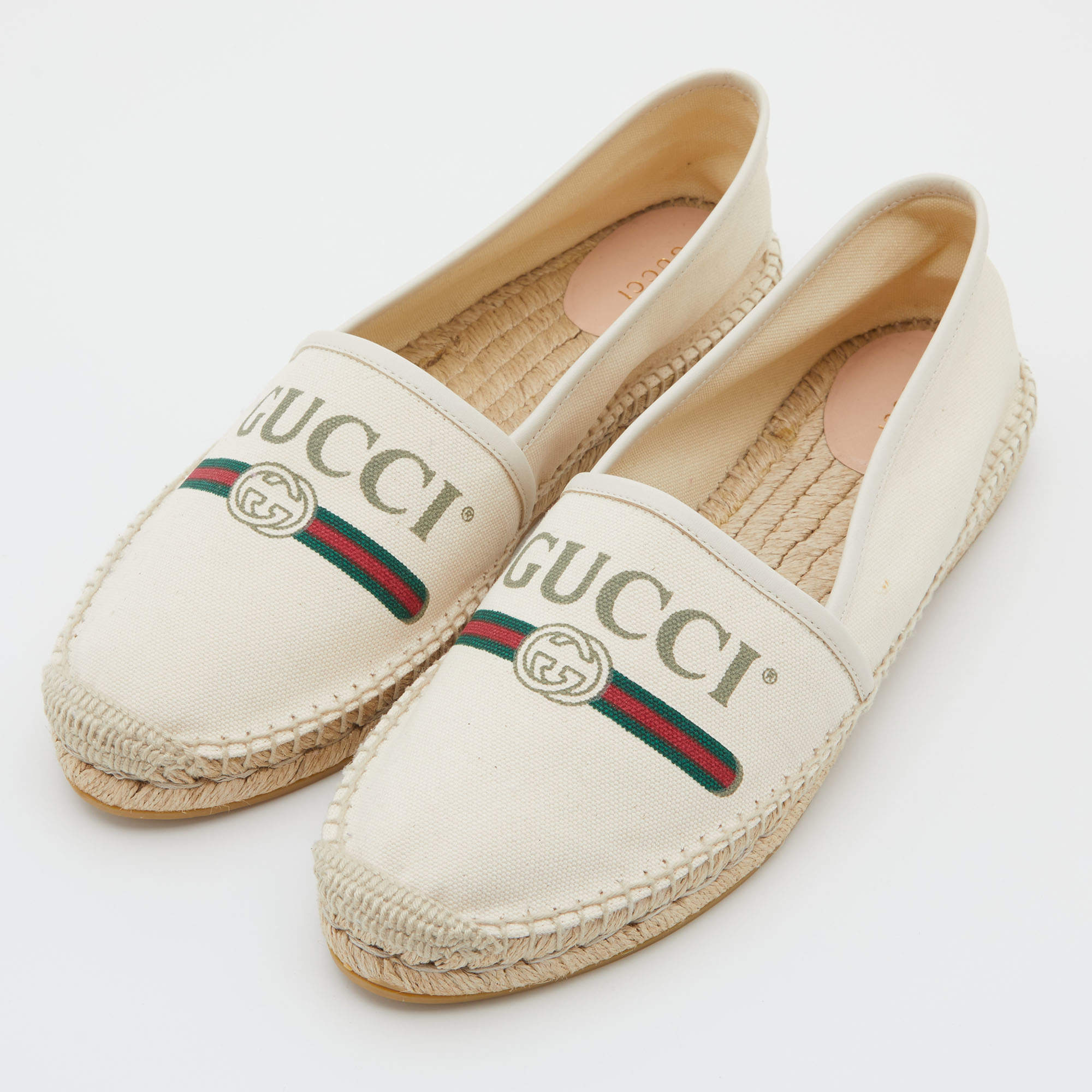 Gucci Off White Canvas Graphic Print Slip On Espadrilles Size 42