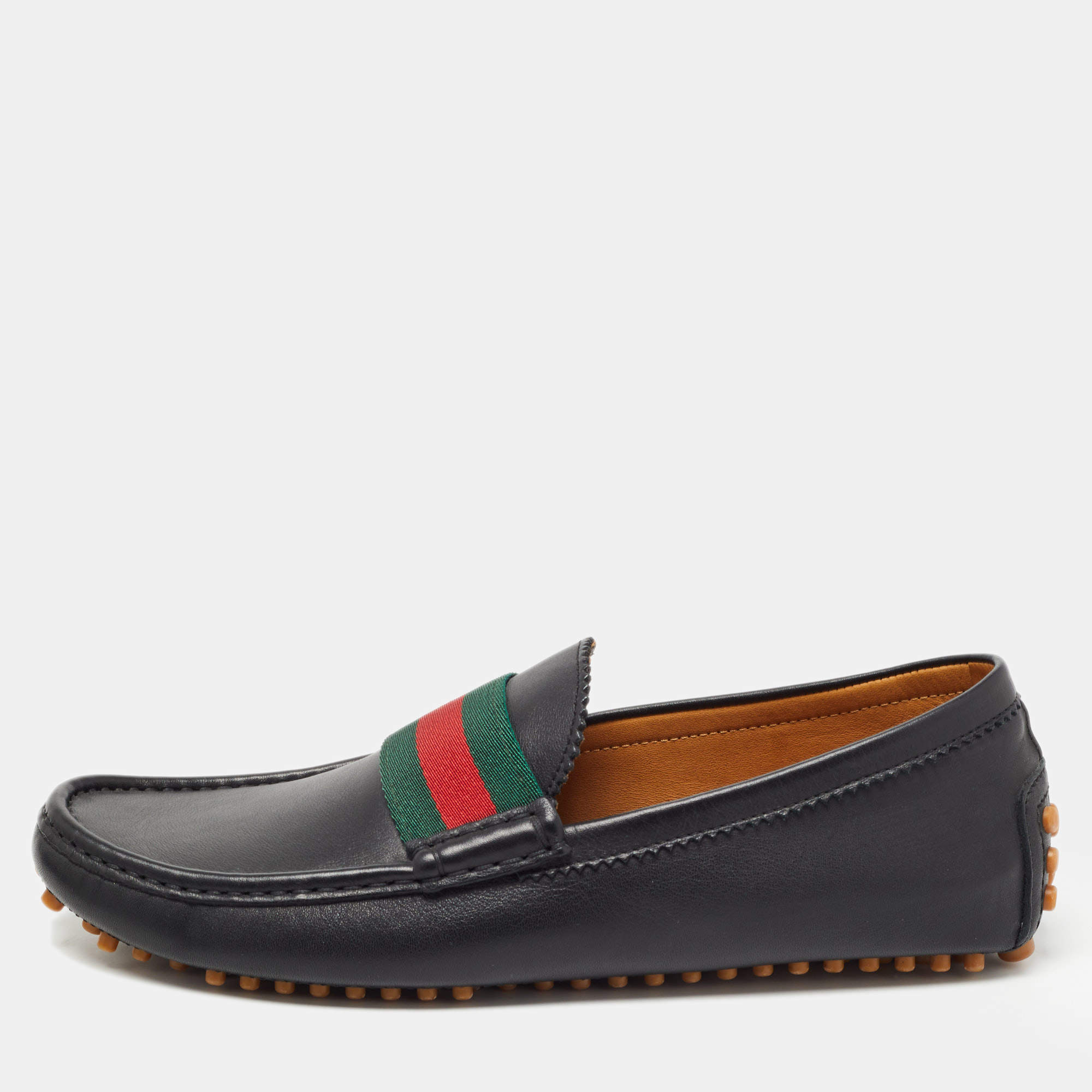 Gucci Black Leather Web Slip On Loafers Size 42
