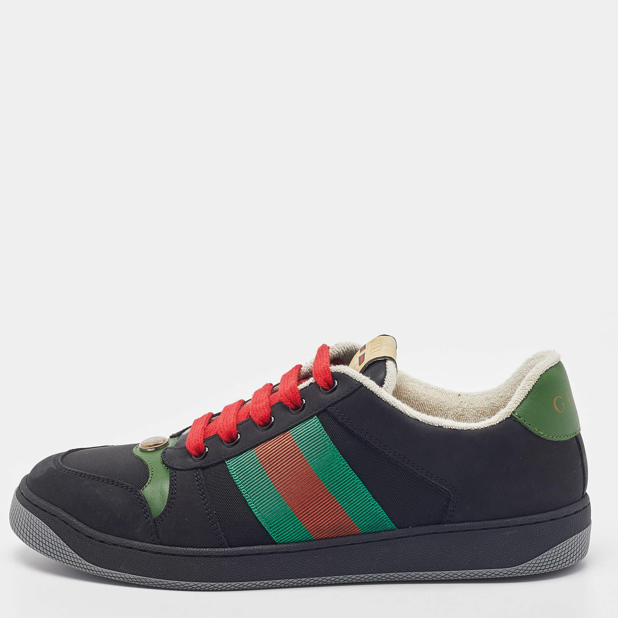 Gucci Black Leather and Canvas Screener Sneakers Size 41.5 