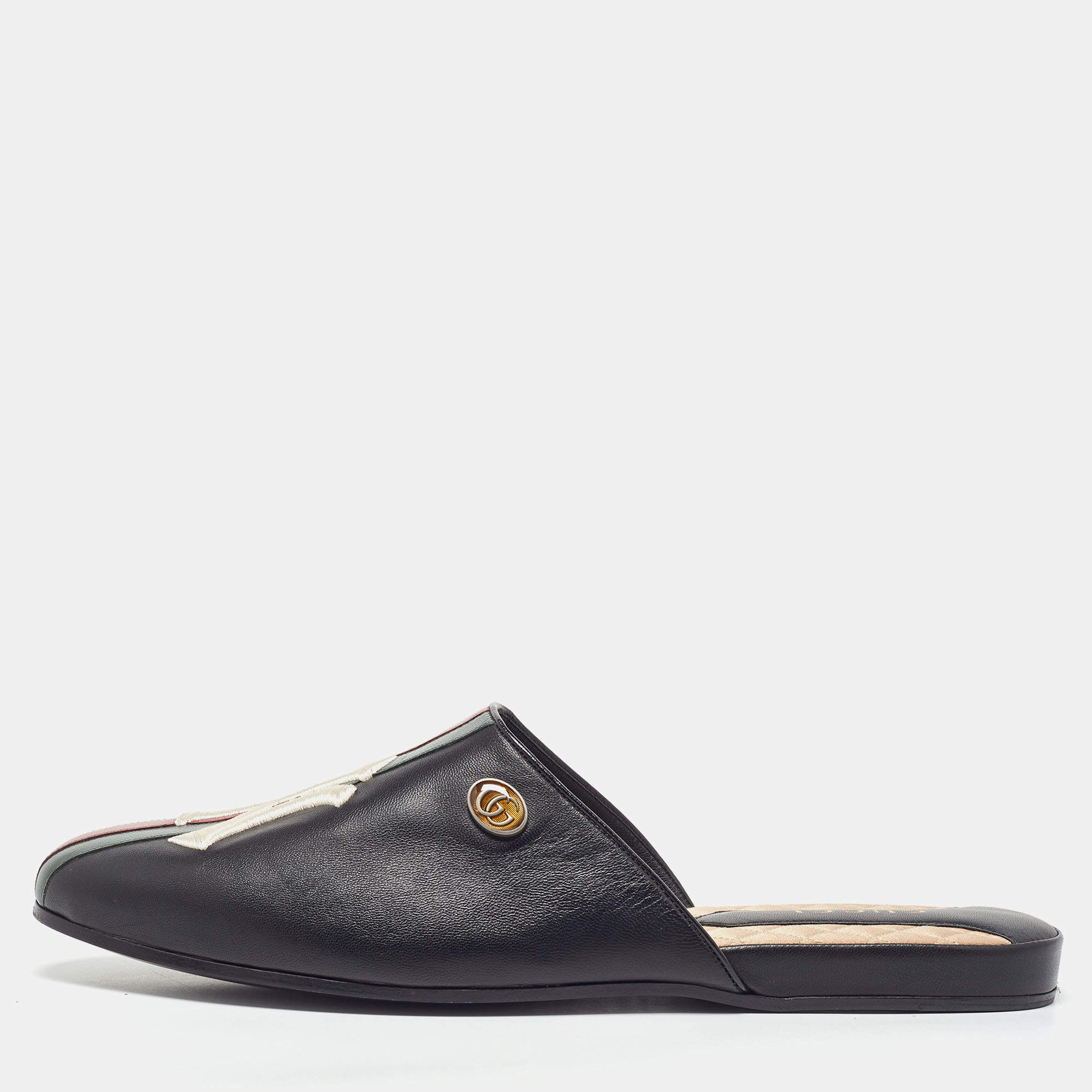Gucci Black Leather NY Yankees Flat Mules Size 44.5