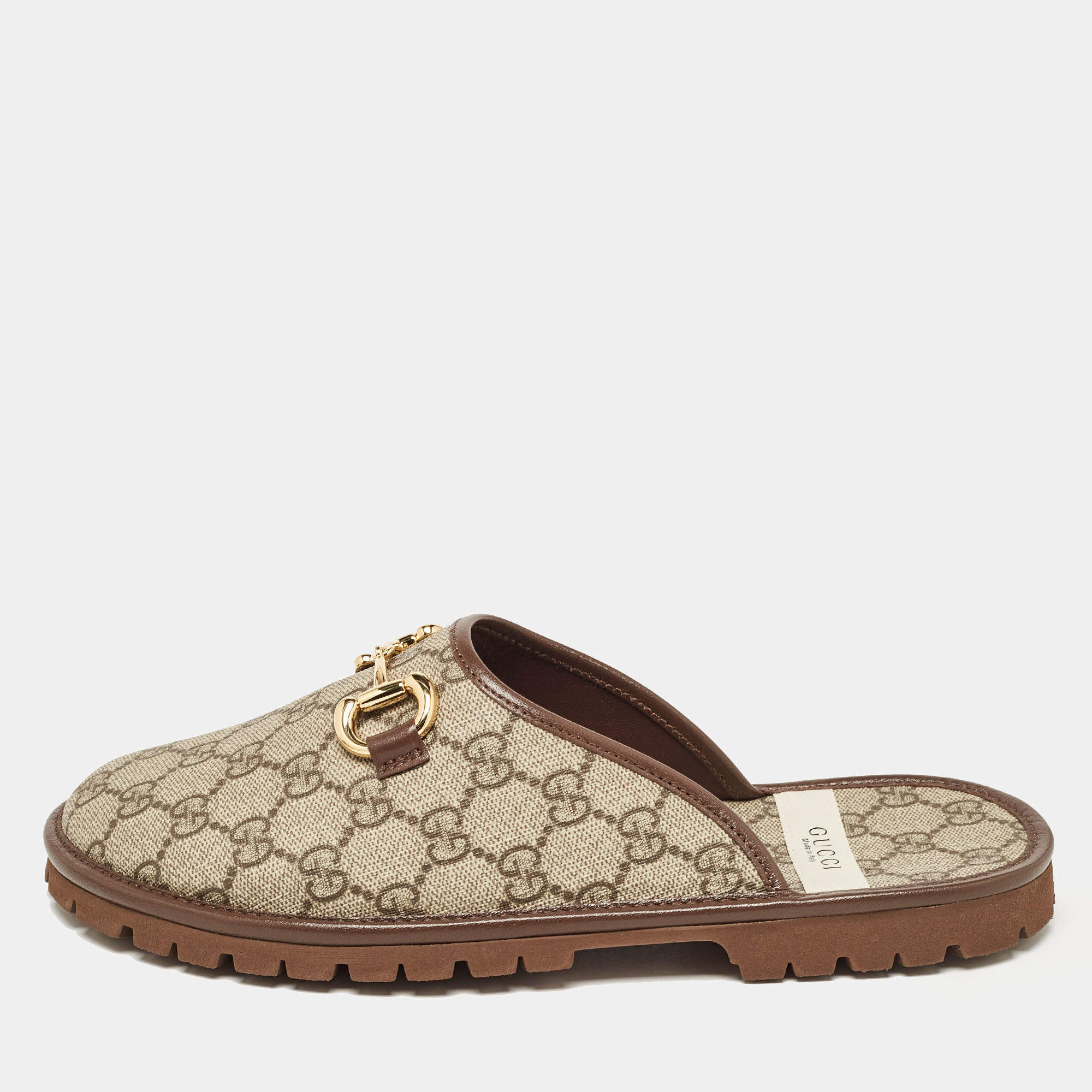 Gucci Beige/Brown GG Supreme Canvas Horsebit Slippers Size 40