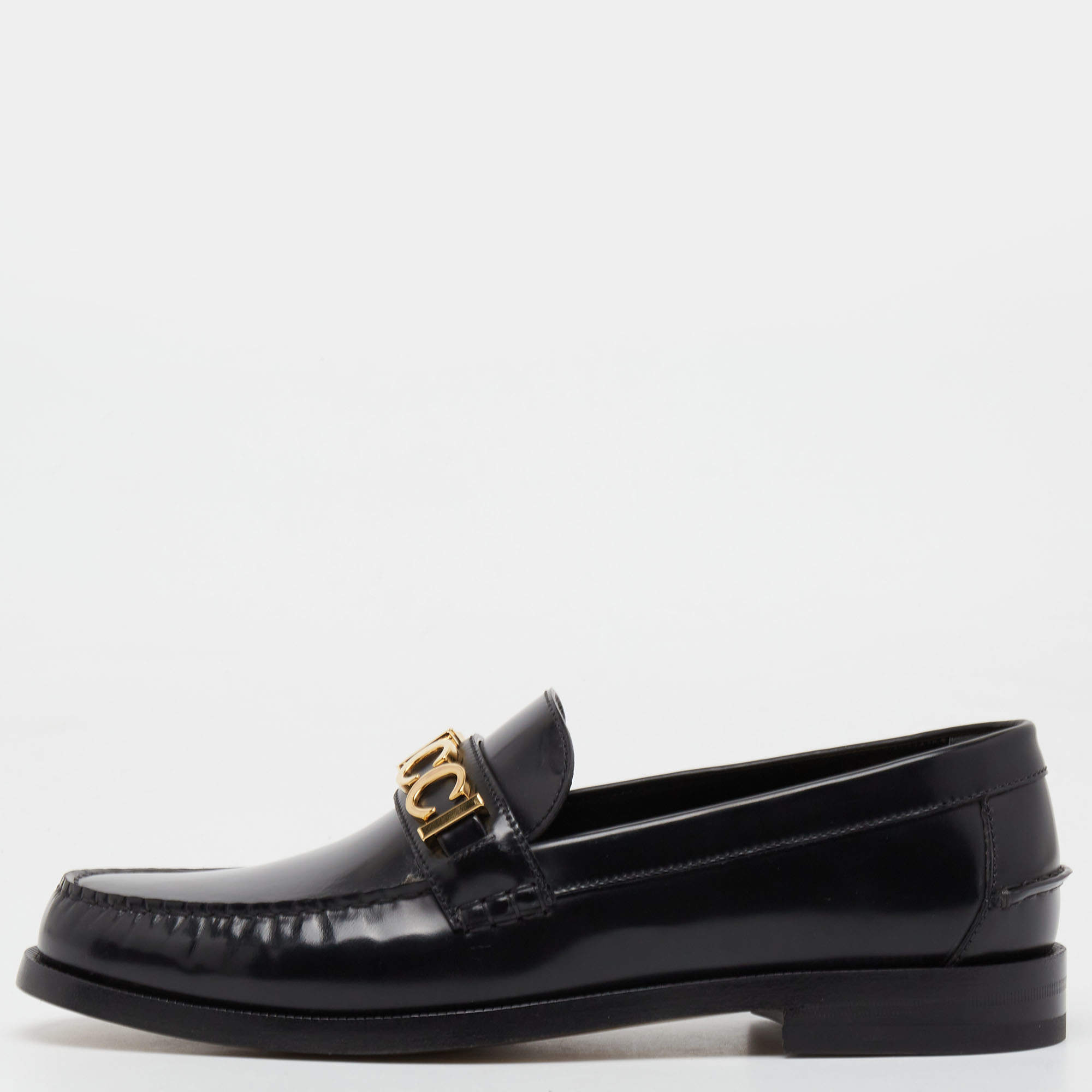 Pre Owned Gucci Black Leather Cara Logo Embellished Loafers Size 44.5