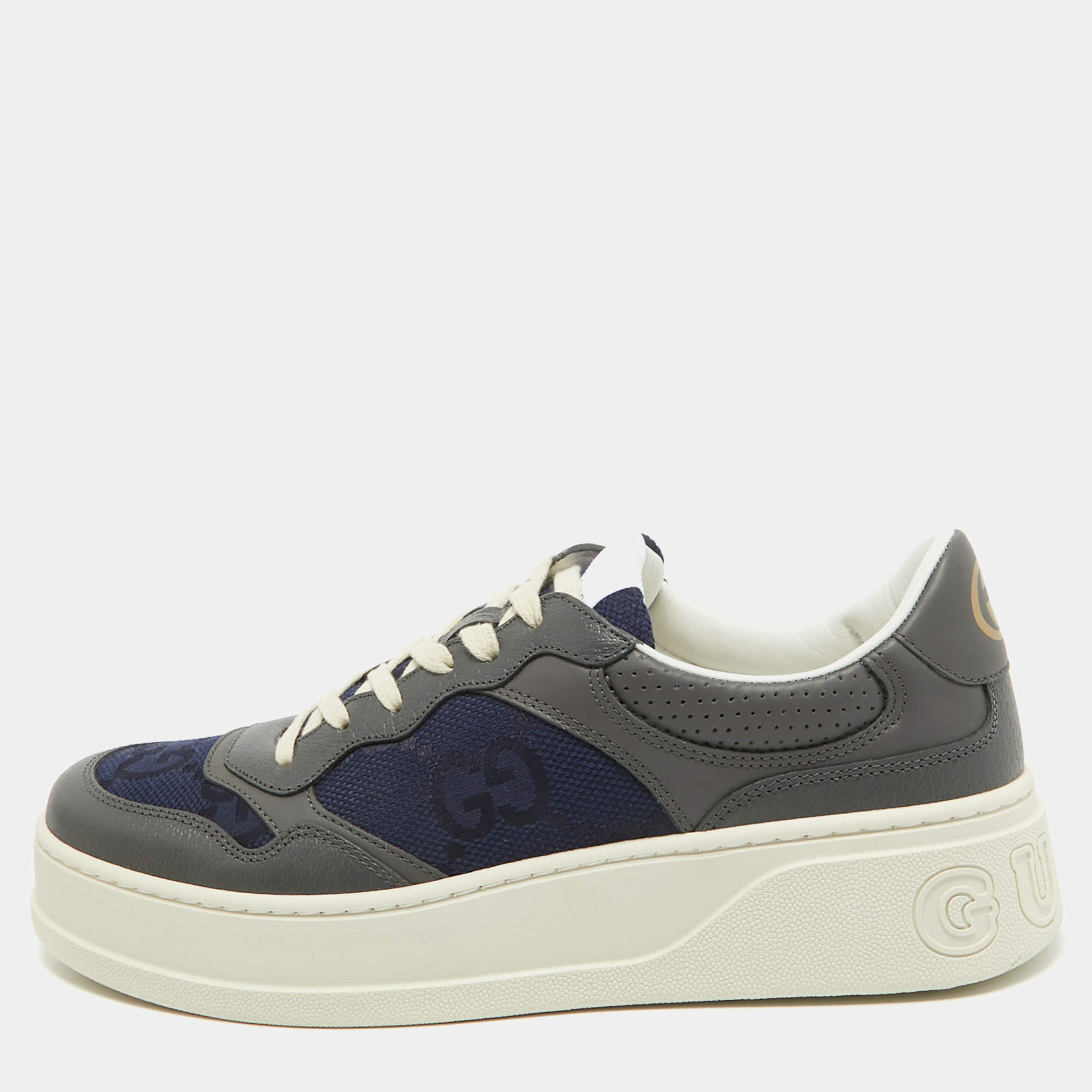 Gucci Navy Blue/Grey GG Canvas and Leather Chunky B Sneakers Size 43