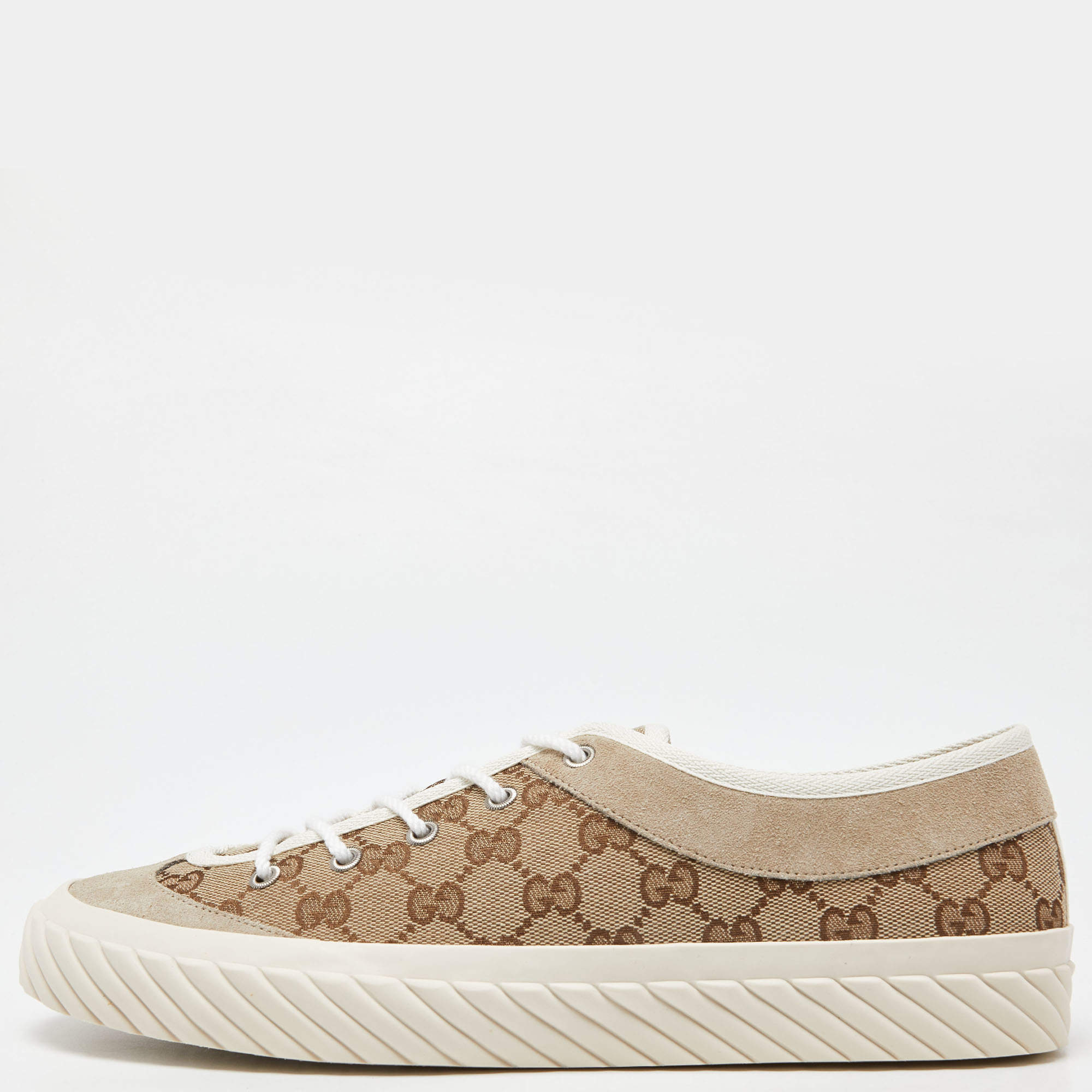 Pre Owned Gucci Gucci Brown/Beige GG Canvas and Suede Sneakers Size 43.5